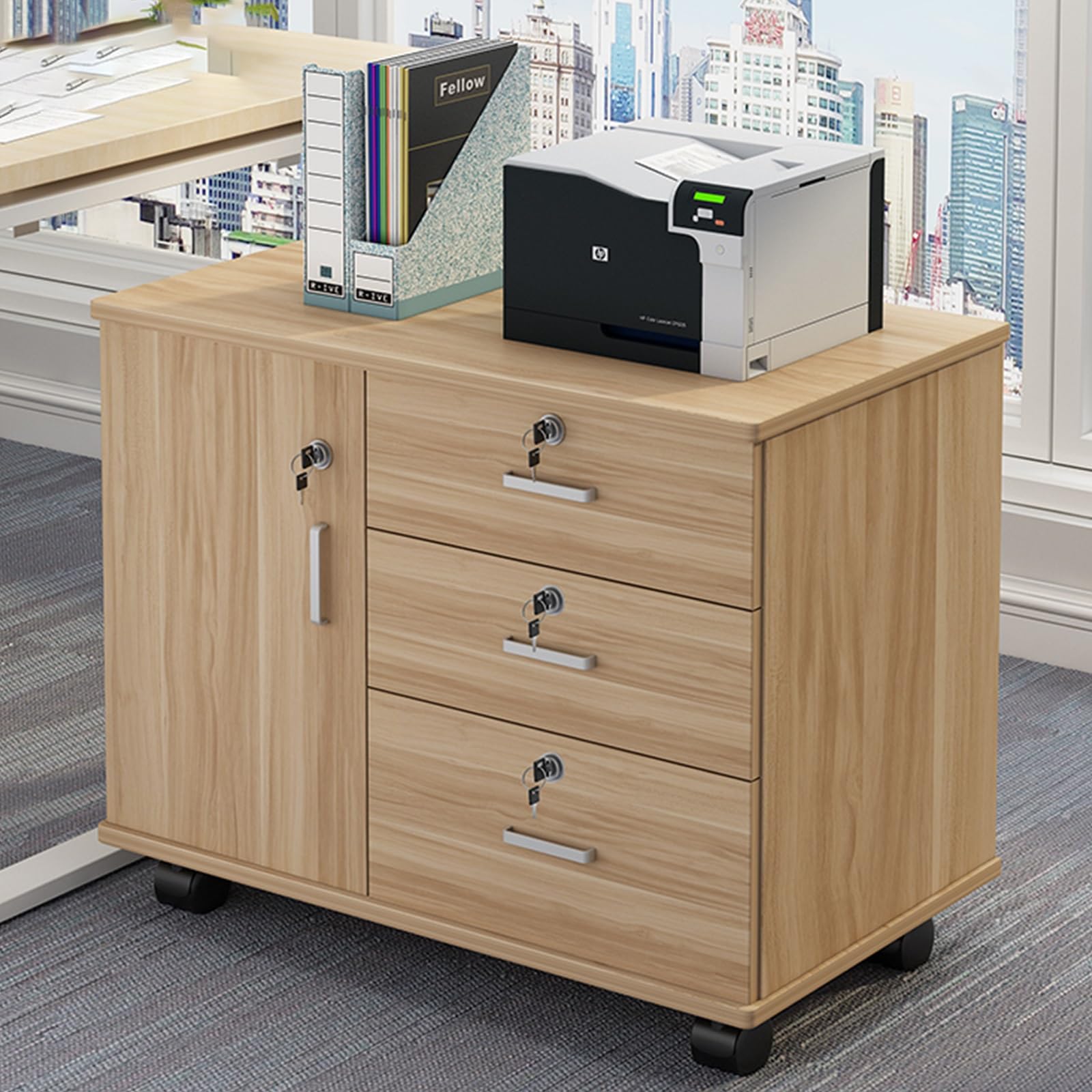 3-Drawer Wood File Cabinet with Lock - Mobile Lateral Office Filing Cabinet, Adjustable Shelves for A4/Letter, Printer Stand & Under Desk Storage - Light Walnut for Home & Office Organization