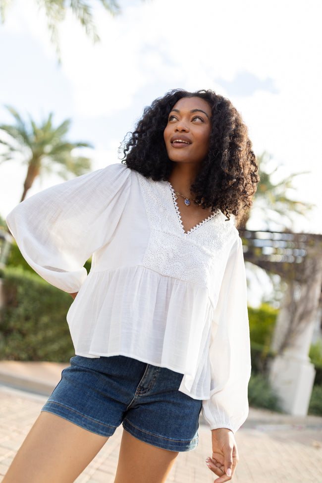 Elegant Ivory Lace Long Sleeve Blouse for Women - Floral Woven Top with Glistening Details | Perfect for Office Wear, Date Night & Special Occasions