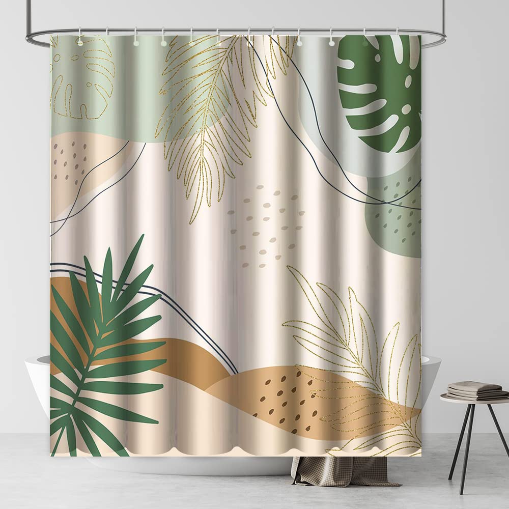 MEHOFOND Abstract Boho Mid Century Shower Curtain - Tropical Leaves Modern Minimalist Palm Leaf Botanical Fabric Waterproof Bathroom Decor - 72x72 Inches with 12 Hooks - Perfect for Boho, Tropical & Modern Bathroom Designs