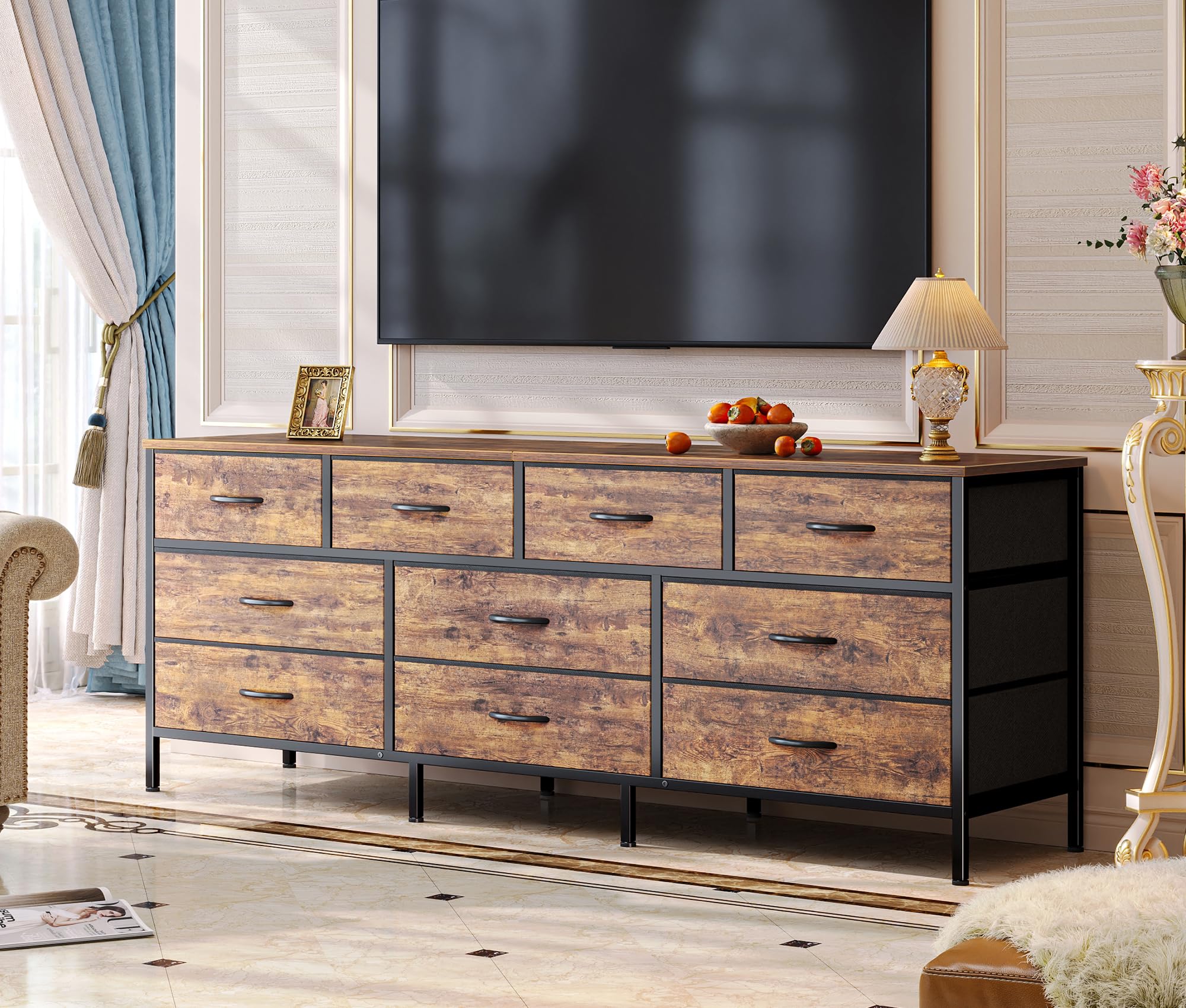 Huuger 63 Inch Rustic Brown Dresser with 10 Fabric Drawers - Bedroom Storage Organizer, TV Stand for 55-70 Inch TVs, Toy & Closet Organizer - Perfect for Home, Office, and Nursery Organization