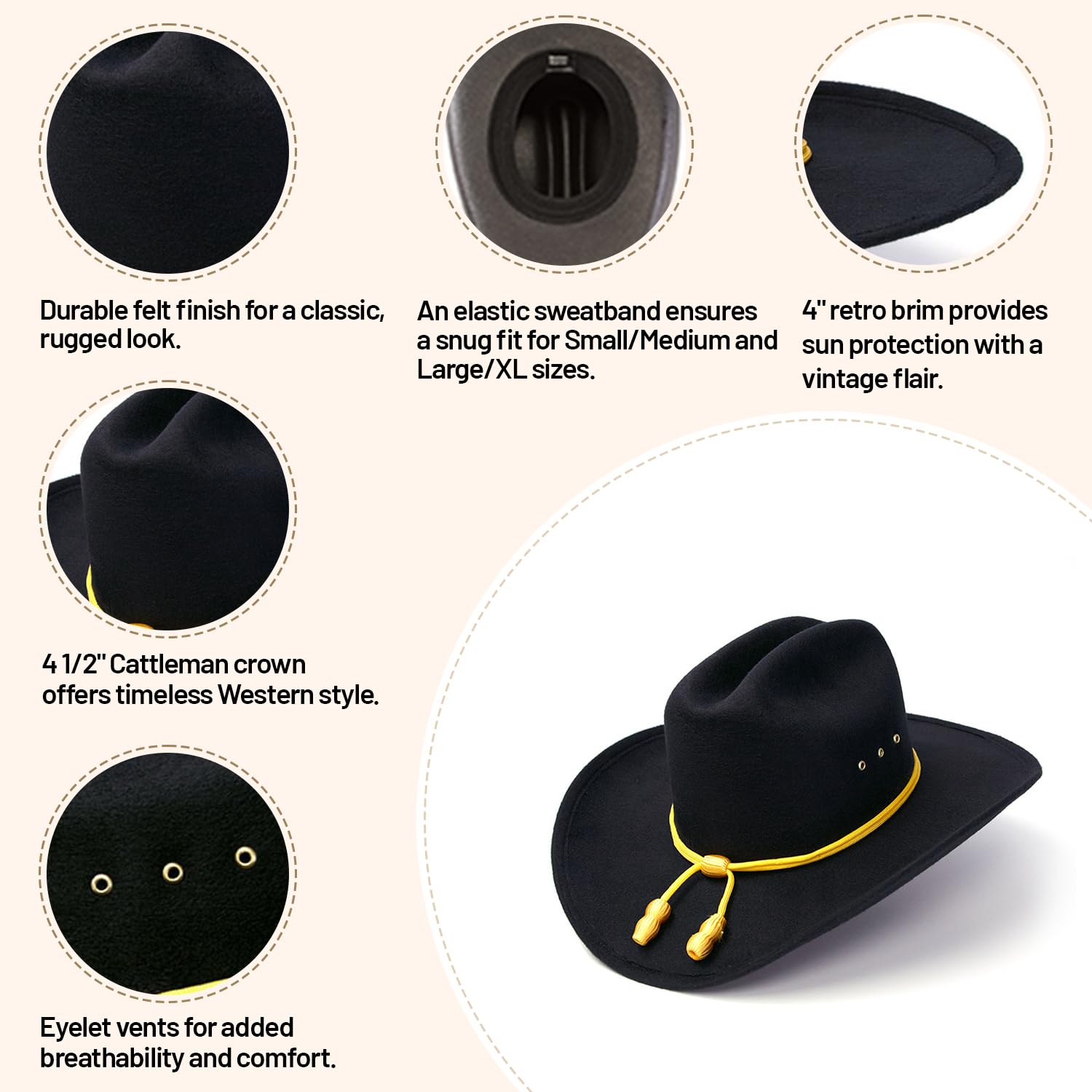 Western Express Black Felt Cowboy Hat with Cavalry Band - Classic Cattleman Style for Men & Women | Perfect for Rodeo, Country Music Festivals & Western Fashion