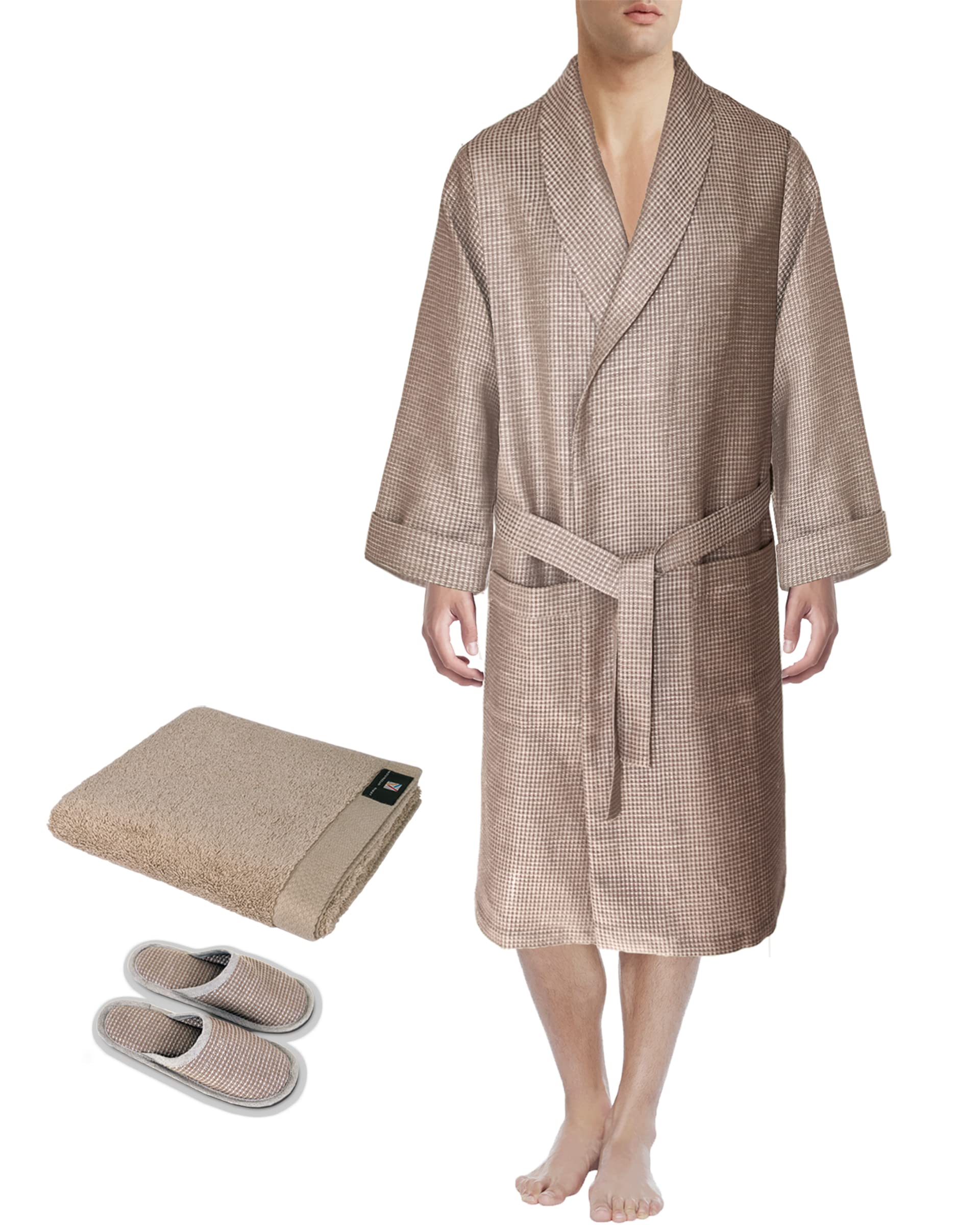 Armani International Men's Waffle Robe & Slippers Set with Hand Towel - Premium European Tailored Loungewear for Spa, Hotel & Home Relaxation