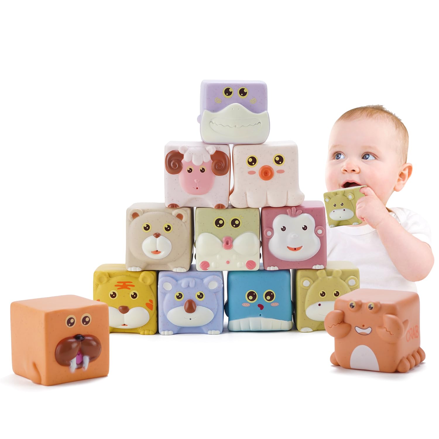 12 Pack Soft Baby Building Blocks - Montessori Stacking Toys for Toddlers 1-3 Years & Infants 6-12 Months - Safe No Hole No Mold Animal Bath Toys for Sensory Play, Early Learning & Bathtime Fun