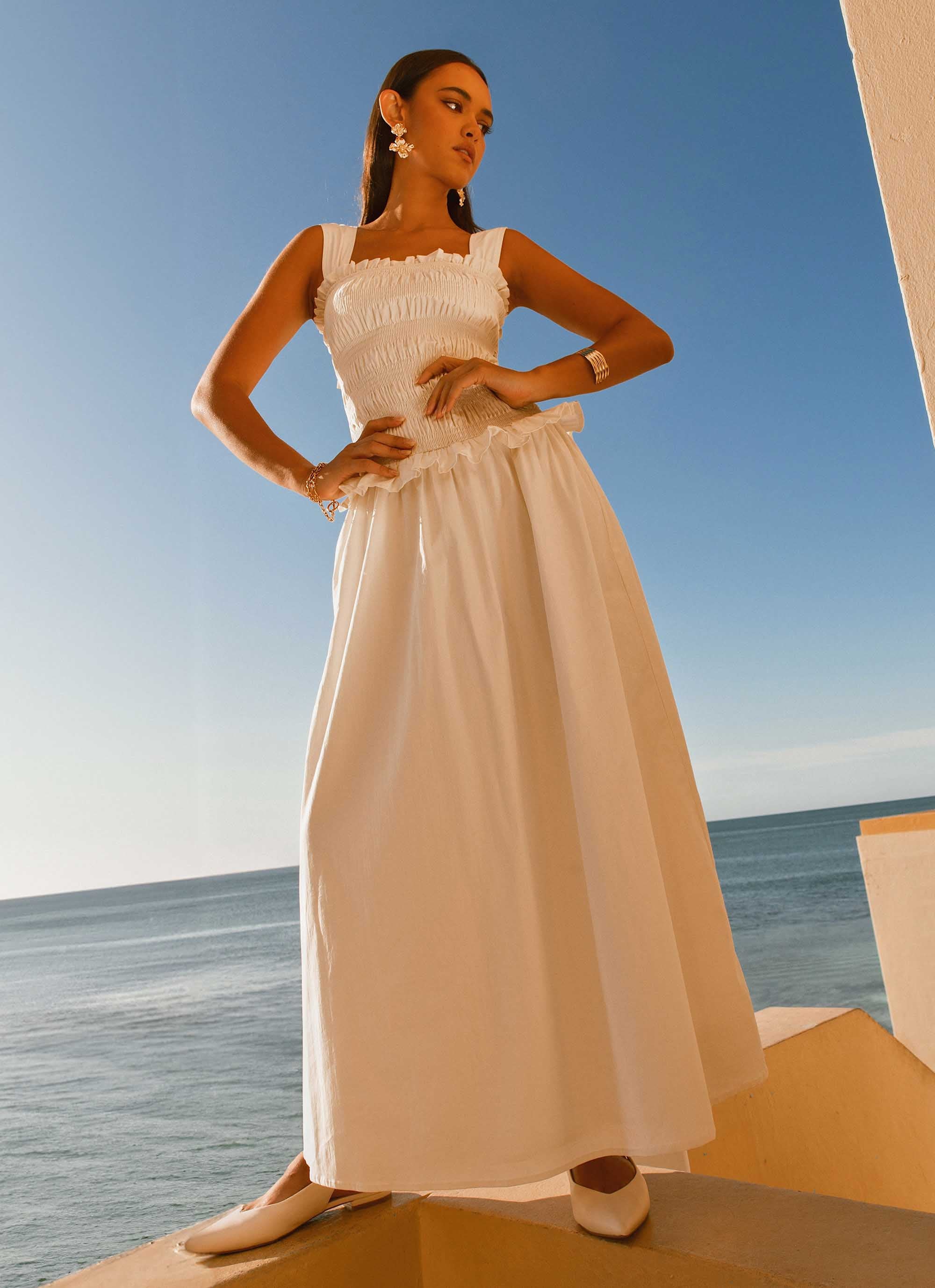 Deana Shirred Maxi Dress for Women - Flowy Long Summer Dress with Elastic Waist, White - Perfect for Beach Vacations, Weddings & Casual Outings