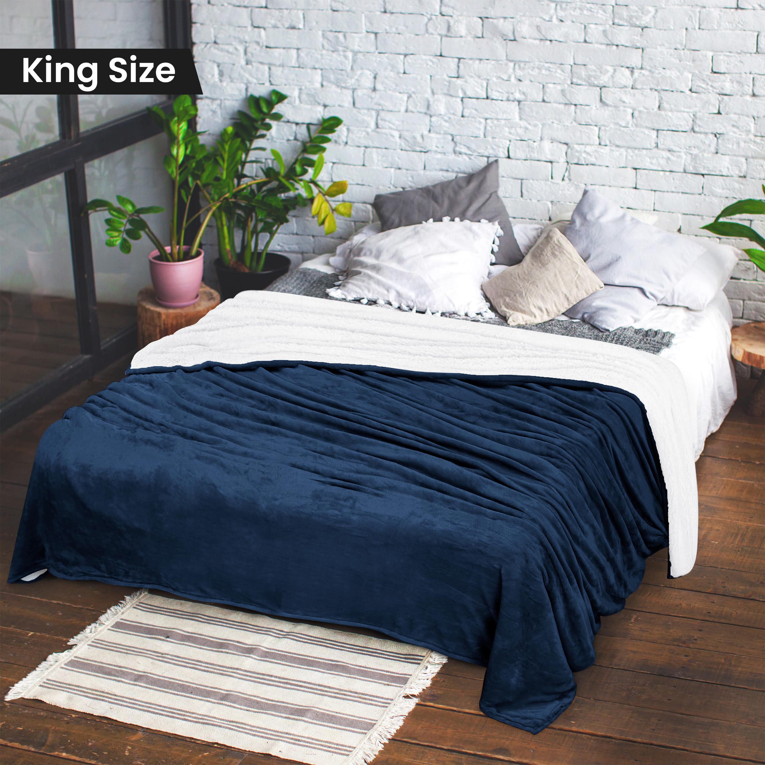 Utopia Bedding Sherpa Blanket King Size (Navy, 90x102 Inches) - Ultra Soft Reversible Fleece Blanket for Bed, Sofa & Travel - Lightweight Plush Throw for Winter, Camping & Cozy Home Decor