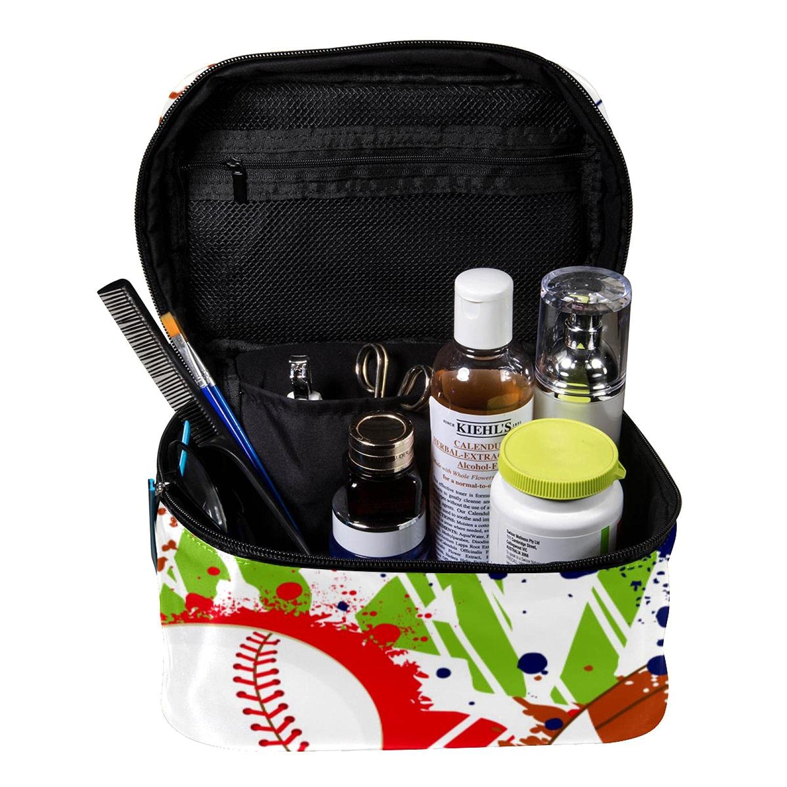 Colorful Large Cosmetic Makeup Bag for Women & Girls - Baseball Football Rugby Travel Design - Zippered Toiletry Organizer Case for Makeup, Skincare, Gym & Travel Essentials