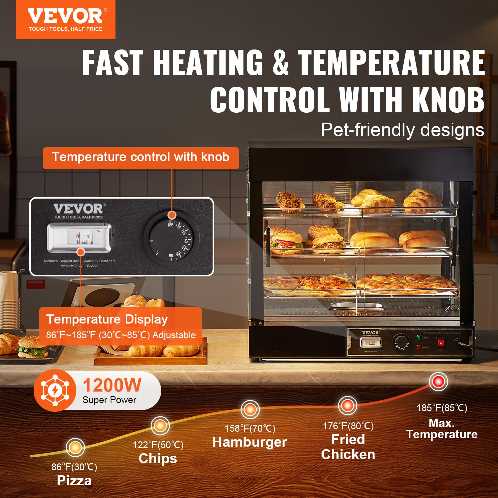 VEVOR 3-Tier Commercial Food Warmer Display - 1200W Electric Food Warmer with LED Light, Adjustable Shelves & Digital Temperature Control (86°F-185°F), 111L Capacity - Perfect for Restaurants, Cafes & Buffets Serving Burgers, Pizza, Bread & Fried Chicken