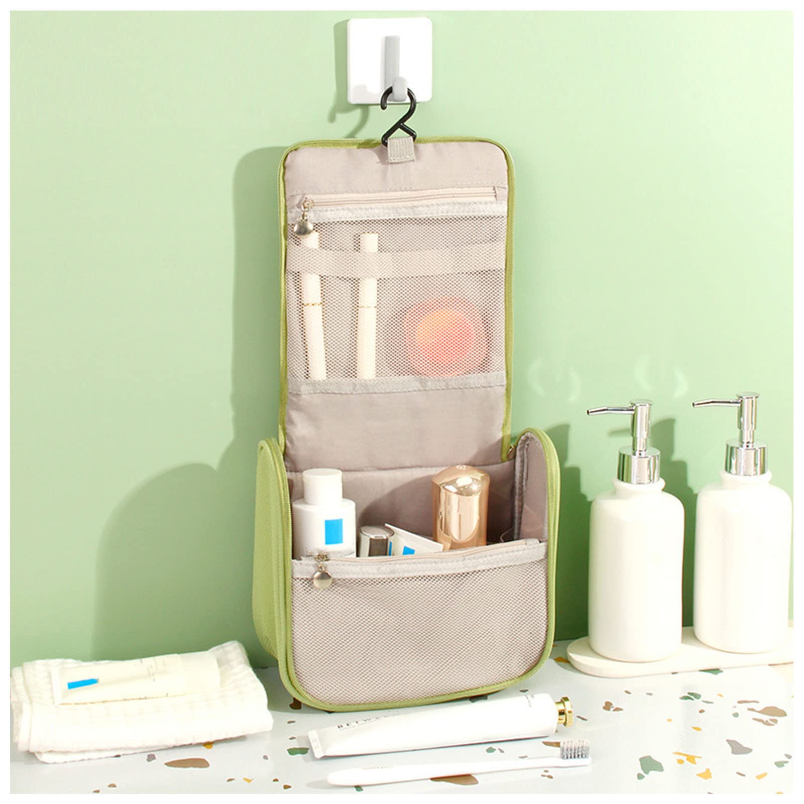 Yosoo Waterproof Hanging Makeup Bag - Portable Cosmetic & Toiletry Organizer for Travel, Gym, Business Trips - Multifunctional Handheld Beauty Case (Beige) | Perfect for On-the-Go Touch Ups & Storage