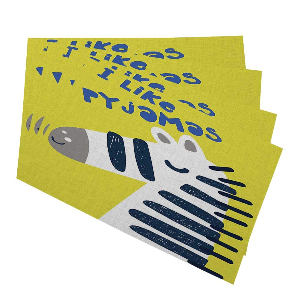 Cool Zebra Print Place Mats for Kids - Set of 4 Washable Fabric Dining Table Mats with Fun 'I Like Pyjamas' Slogan & Simple Drawings - Perfect for Family Meals, Birthday Parties & Indoor Dining Decor