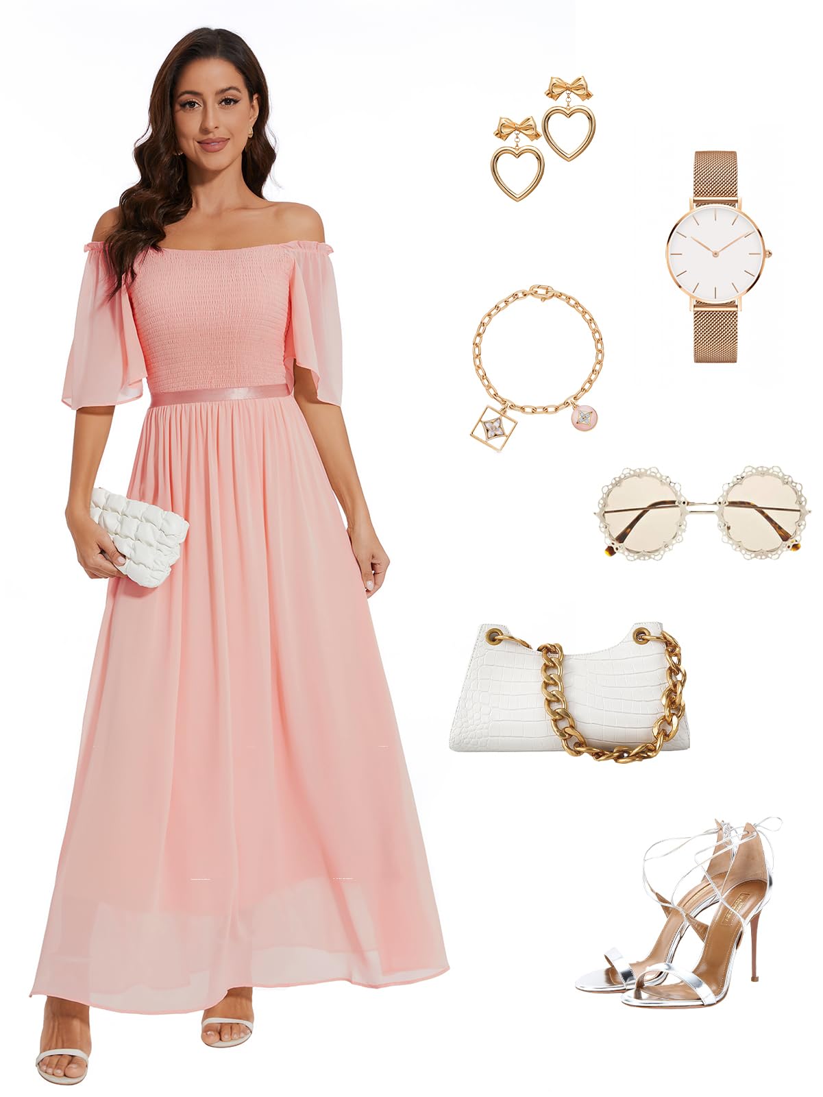 Elegant Women's Short Sleeve Chiffon Maxi Dress for Wedding Guest, Cocktail Party & Summer Occasions - Flowy Smocked Midi Dress for Beach, Vacation & Special Events