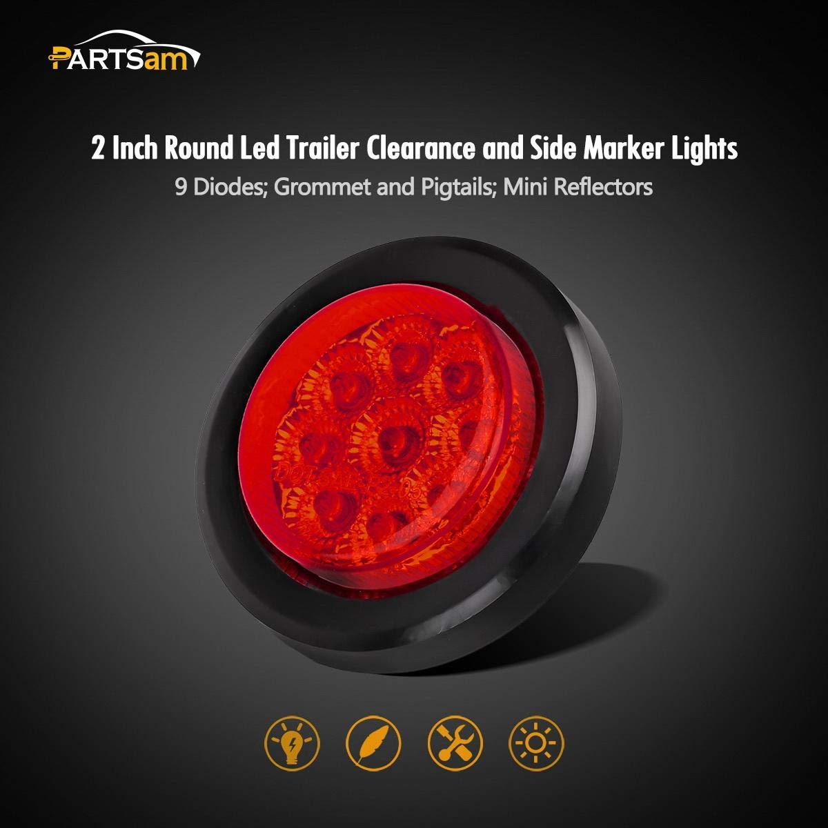 Partsam 4Pcs 2-Inch Round LED Side Marker Lights Kit - 9 Diodes, Flush Mount with Reflectors, Grommet & Pigtails - Waterproof Amber & Red Lights for Trailers, Trucks & RVs - Perfect for Night Driving and Road Safety