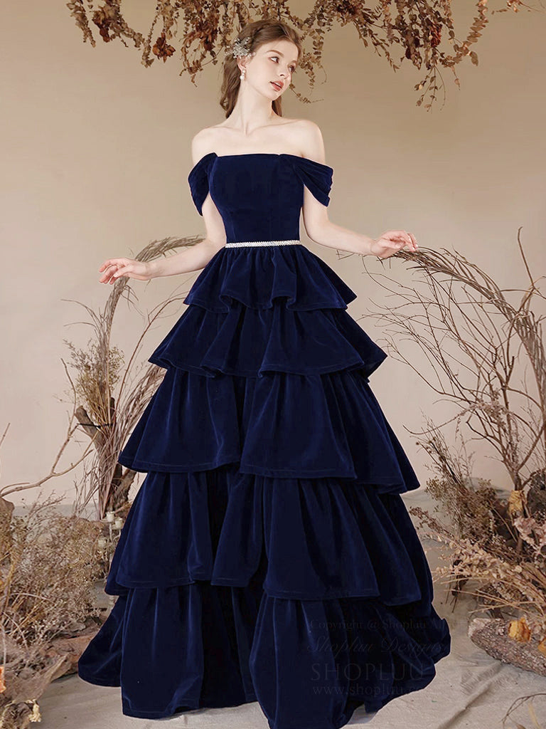 Elegant Off Shoulder A-Line Velvet Prom Dress in Dark Blue - Long Formal Gown for Homecoming, Evening Parties & Special Occasions