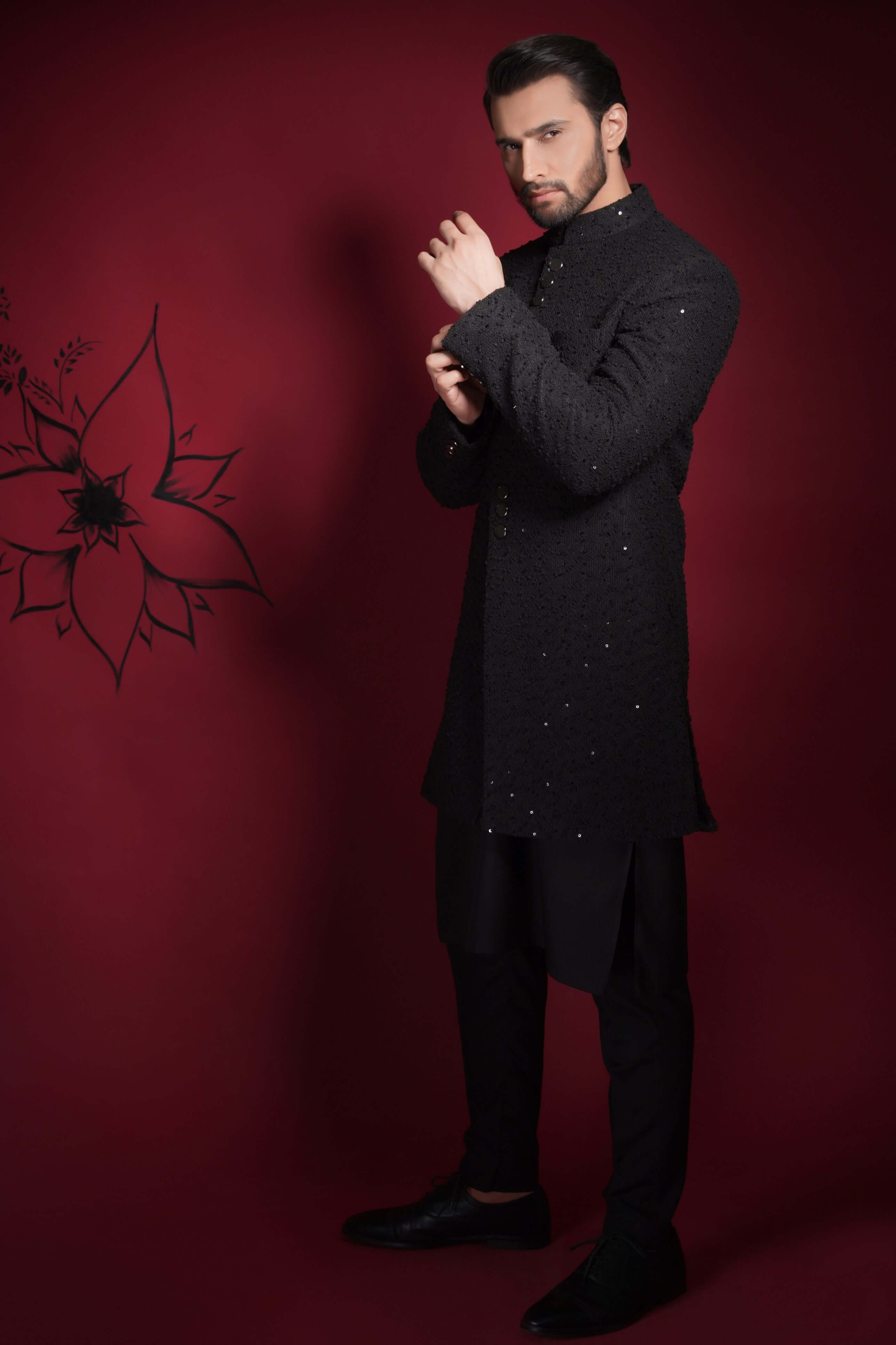 Jet Black Sequined Sherwani for Men - Premium Limited Edition Indian Wedding Attire | Elegant Groom & Party Wear for Festivals, Ceremonies & Special Occasions
