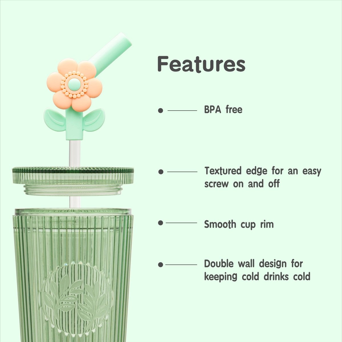 26oz Insulated Tumbler with Straw & Leak-Proof Lid - Cute Floral Silicone Straw Tips in Botanica Green - Perfect for Iced Coffee, Smoothies & Outdoor Activities