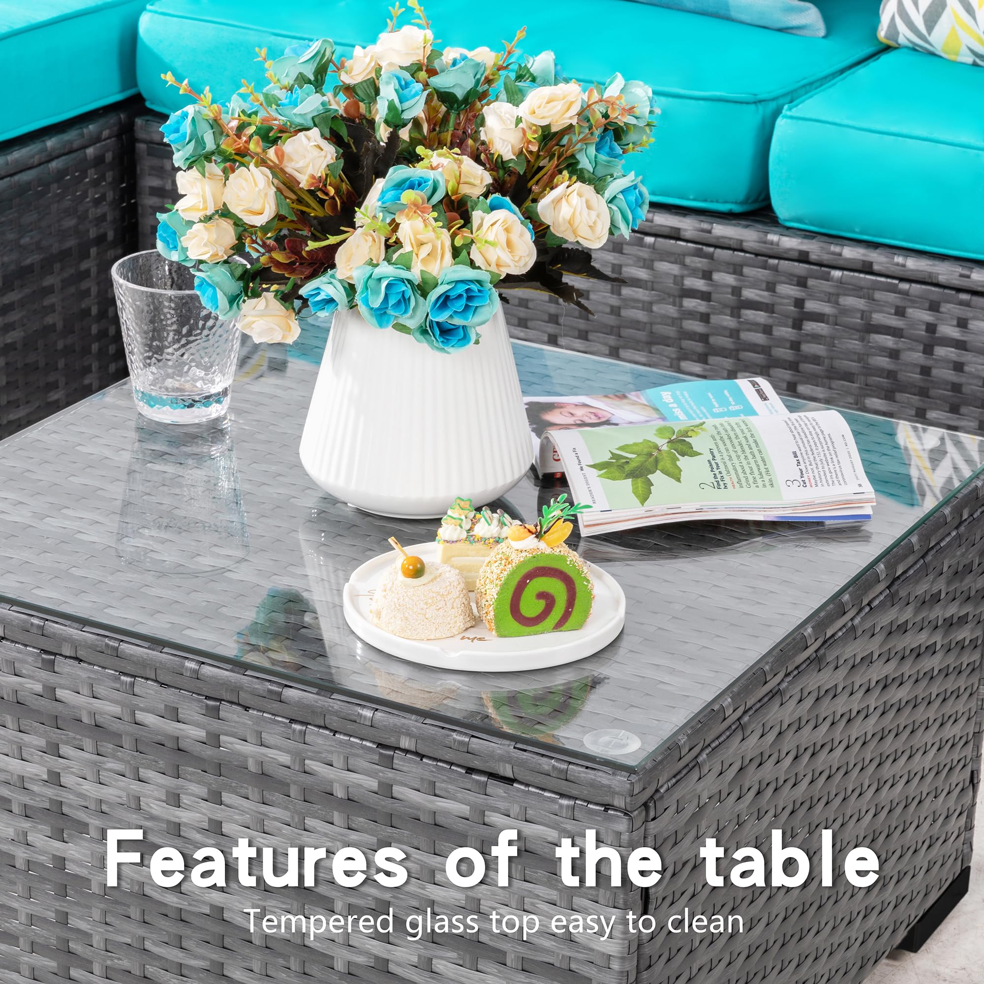 Shintenchi 3-Piece Outdoor Patio Furniture Set - All-Weather Wicker Sectional Sofa with Washable Cushions & Glass Table - Silver & Blue Conversation Set for Garden, Backyard, Poolside or Balcony