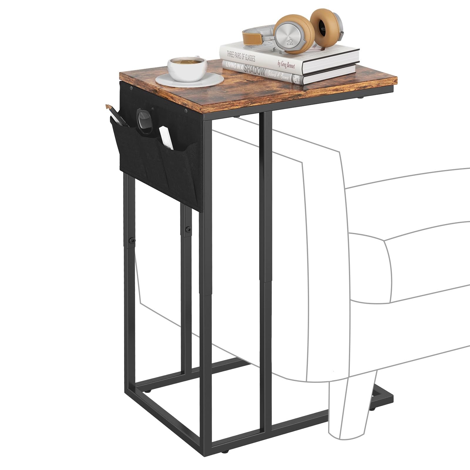 Brown C-Shaped End Table with Storage Bag - Small Side Table for Couch, Sofa, Bedroom & Living Room - Perfect as TV Tray, Bedside Table or Snack Table for Home Decor