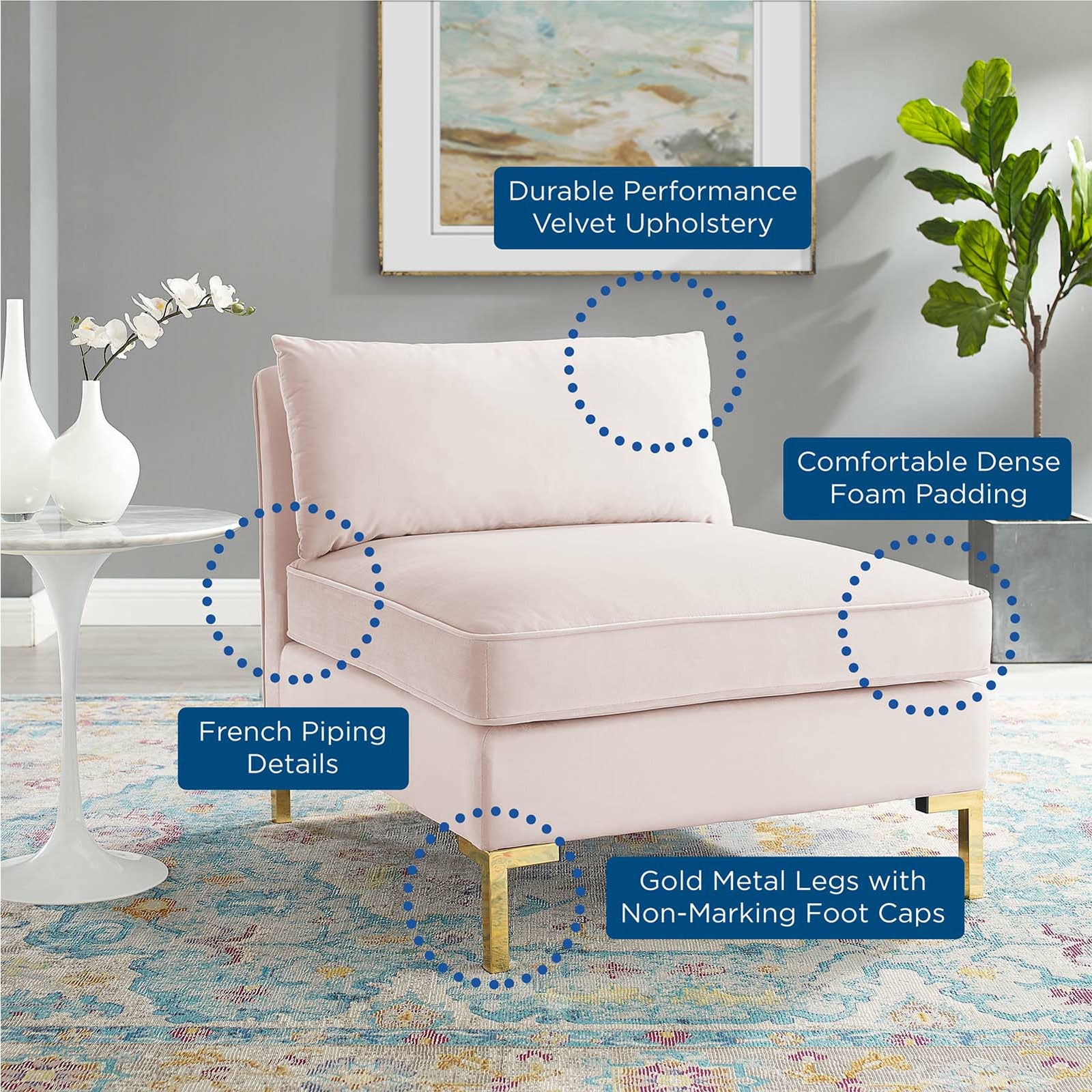 Premium Velvet Armless Chair - Modern Accent Chair for Living Room, Bedroom, or Office - Soft Upholstered Lounge Chair for Relaxing & Reading