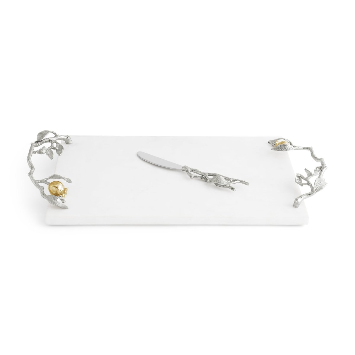 Elegant Pomegranate Silver & Gold Cheese Board Set with Spreader - Perfect for Wine Parties, Charcuterie Platters & Holiday Entertaining