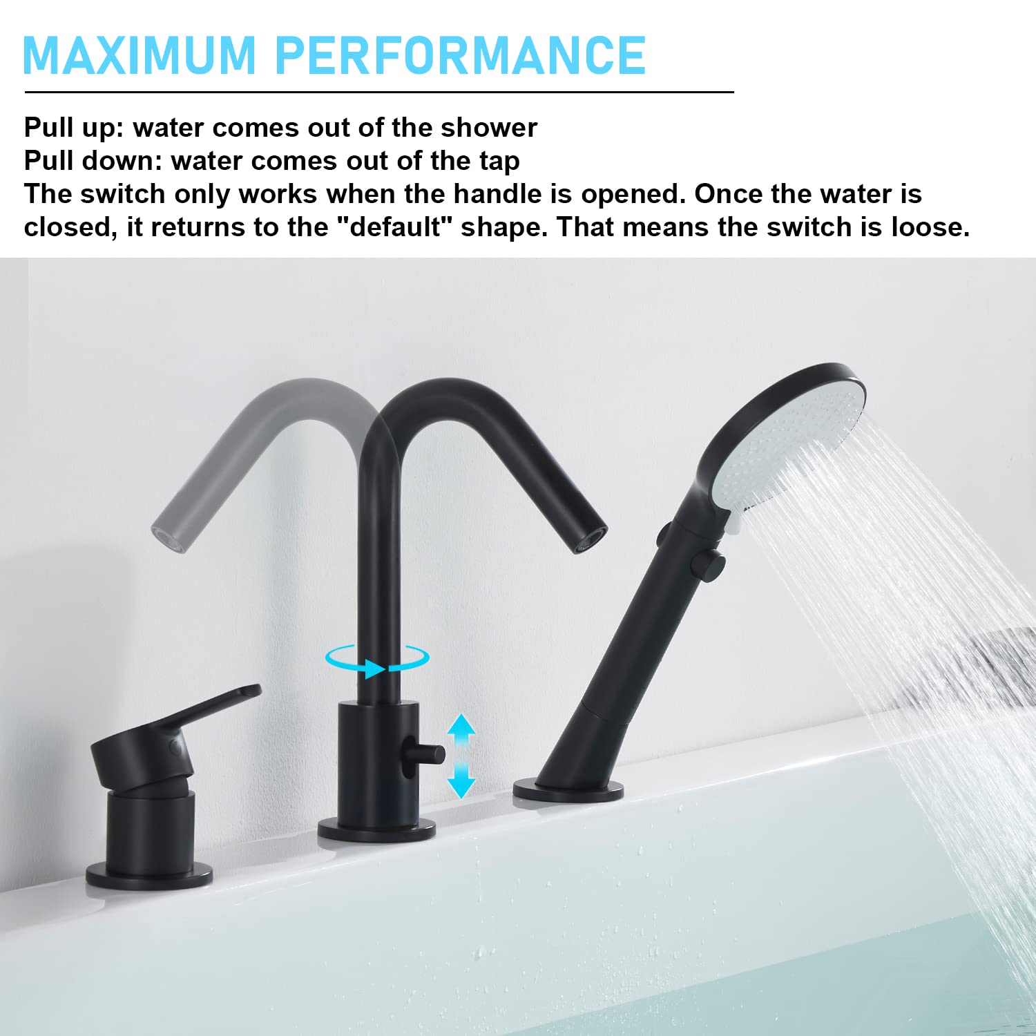 CREA Black Roman Tub Faucet Set - 3-Hole Deck Mount with Hand Shower, Spout Diverter & Pull-Out Sprayer for Bathtub | Modern Bathroom Faucet for Spa-Like Relaxation & Luxury Bathing Experience