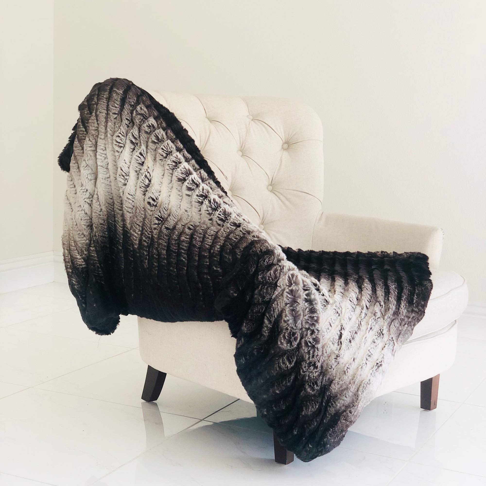 Plutus Chocolate Brown Ivory Faux Fur Luxury Throw Blanket - 80