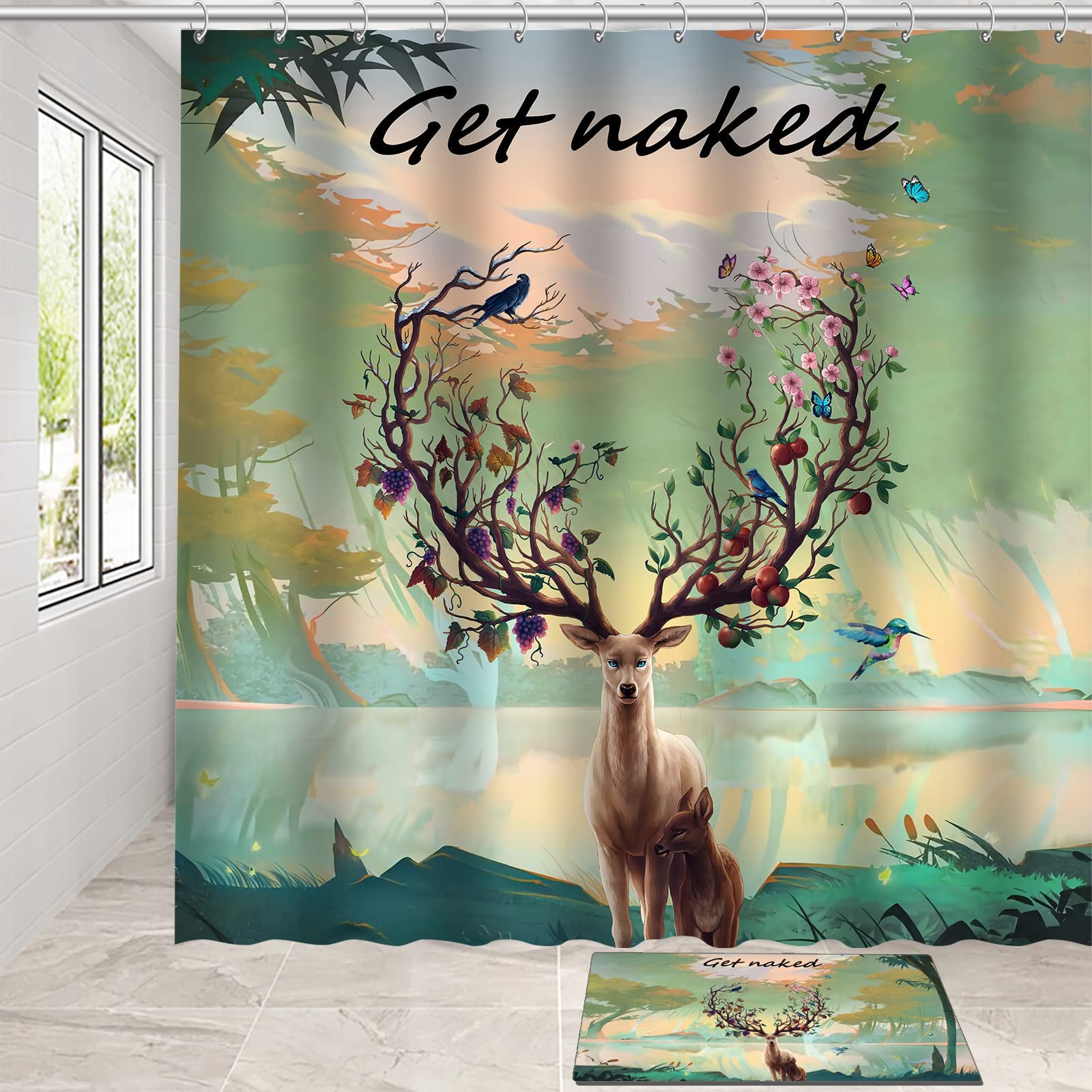 Deer Shower Curtain Set with Non-Slip Rug - 2 Piece Spring Green Bathroom Accessories Kit Includes Waterproof Washable Shower Curtain & Diatomaceous Bath Mat with 12 Hooks - Perfect for Modern Bathroom Decor, Home Spa Experience & Nature-Inspired Interior Design