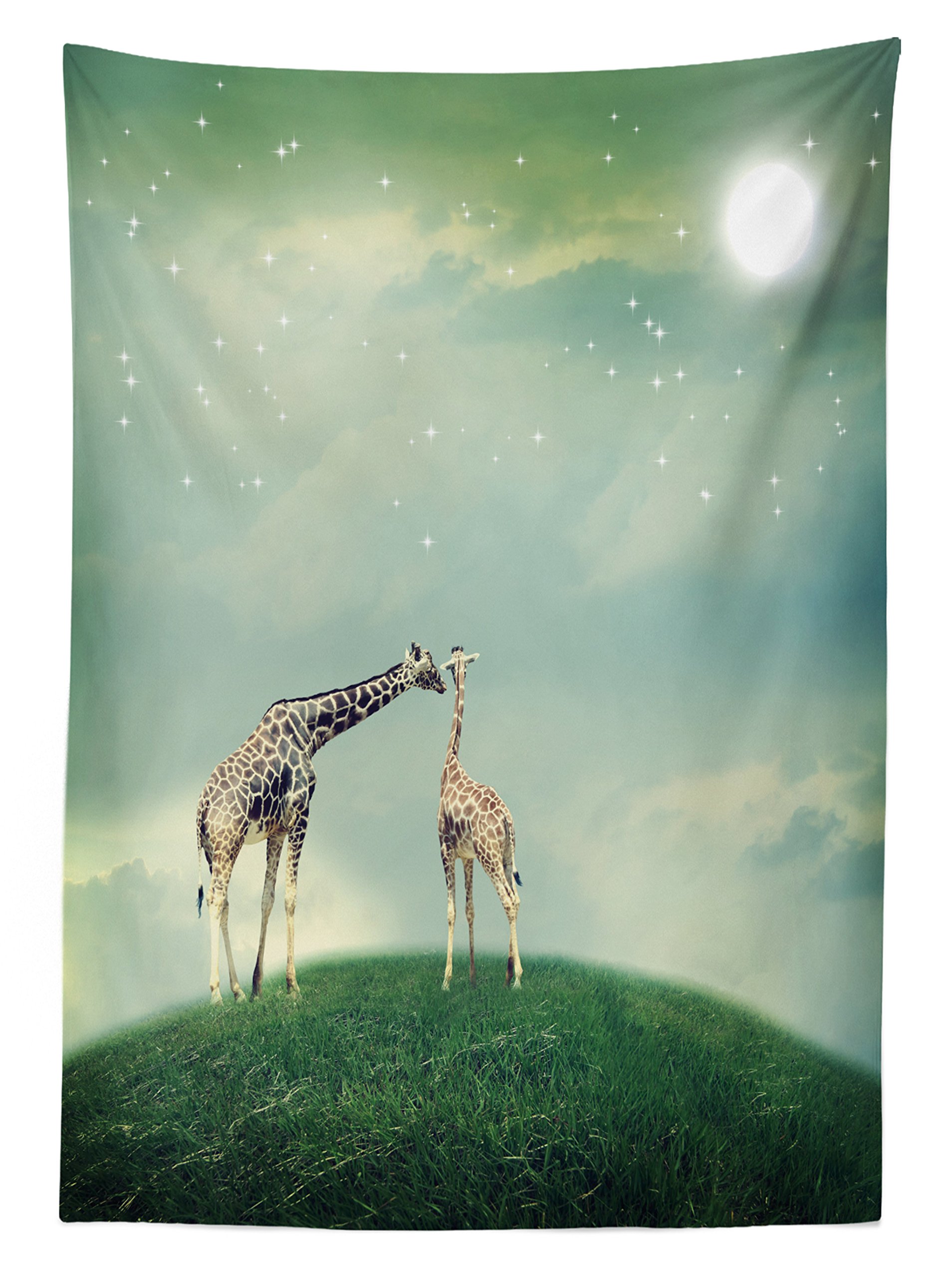 Ambesonne Giraffe Print Outdoor Tablecloth - Waterproof Washable Picnic Table Cover 58x120 Inches - Mother Giraffe & Calf Meadow Scene with Stars & Moon Design - Perfect for Backyard BBQs, Picnics, and Outdoor Dining Decor