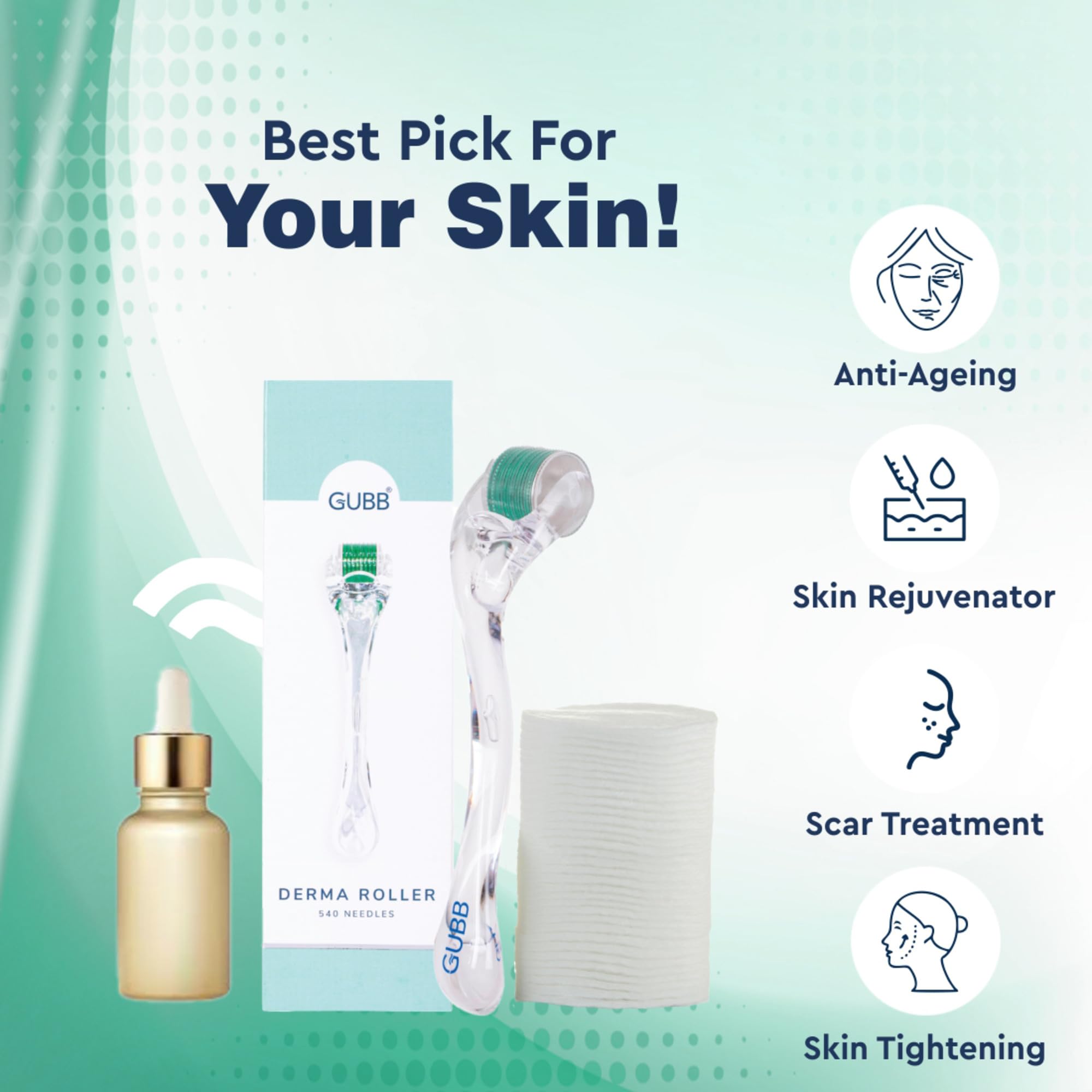 GUBB 0.5mm Derma Roller for Face - Professional Microneedling Tool for Acne Scars, Wrinkles, Beard Growth, Skin Rejuvenation & Hair Regrowth - Transparent Green - Perfect for Home Skincare & Beauty Routine