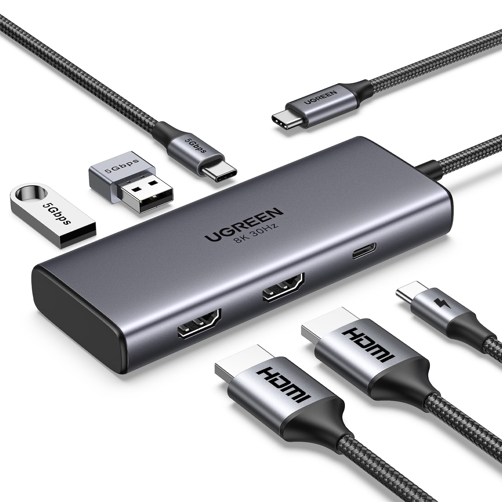 UGREEN Revodok 206 6-in-1 USB C Docking Station with Dual HDMI 4K@60Hz, Single 8K@30Hz, 100W PD, 5Gbps USB C & USB A Ports - Compatible with HP, ASUS, ThinkPad Laptops - Perfect for Home Office, Gaming & Multi-Monitor Setup