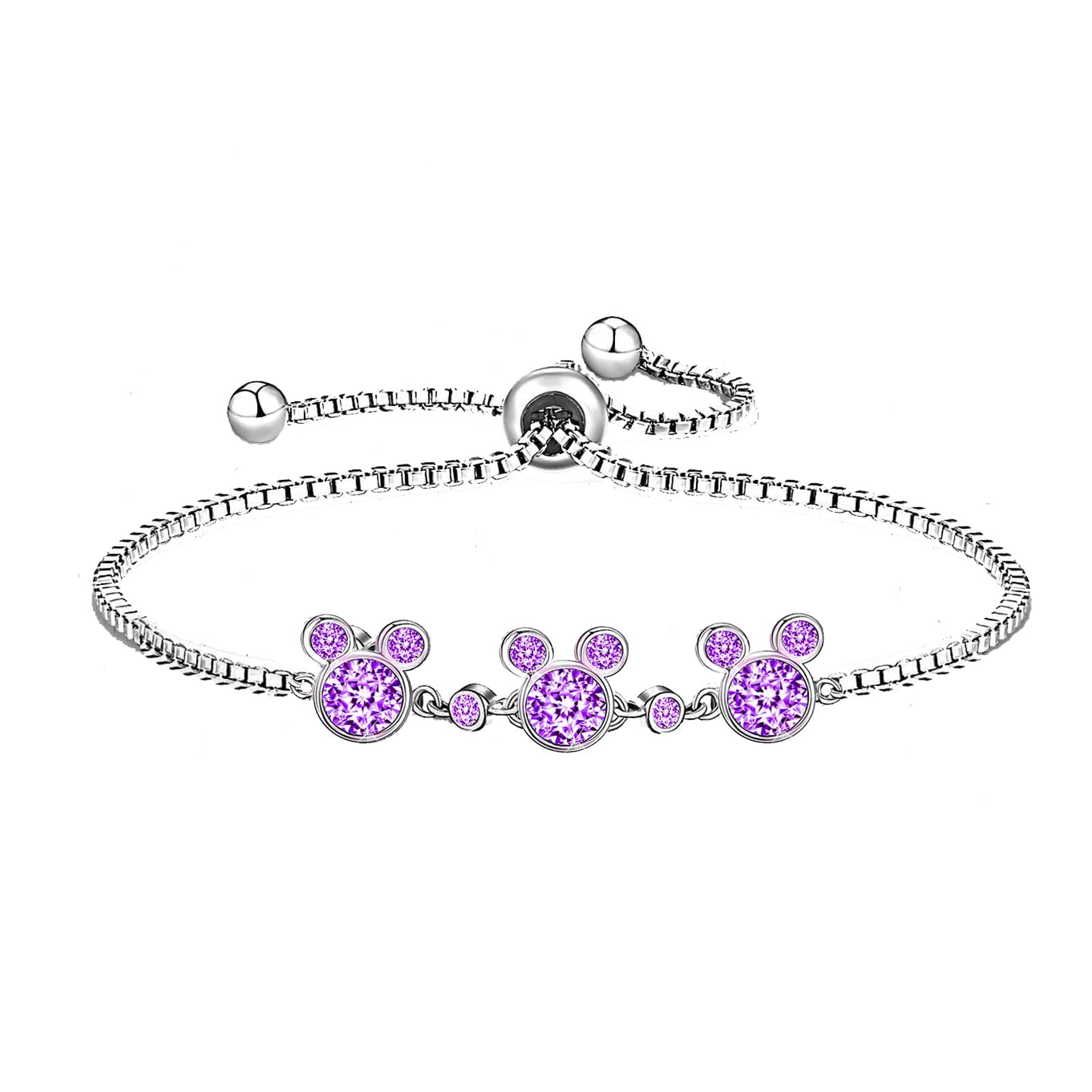 Kaguyo Silver Mickey Mouse Crystal Bracelet for Women - Adjustable Infinity Link Charm Bracelet with Clear Amethyst Pink CZ Stones, Friendship Gift for Women & Girls | Birthday Present, Disney Jewelry for Everyday Wear & Special Occasions