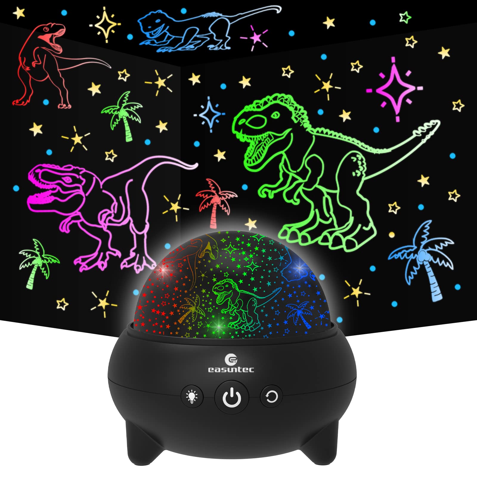 Easuntec Dinosaur Toys for Kids Ages 3-8 - 360° Rotating Dinosaur Night Light Projector with 9 Color Changing LED Lights & Adjustable Brightness - Perfect for Bedroom, Nursery, Playroom Decor and Kids Gift (Black)