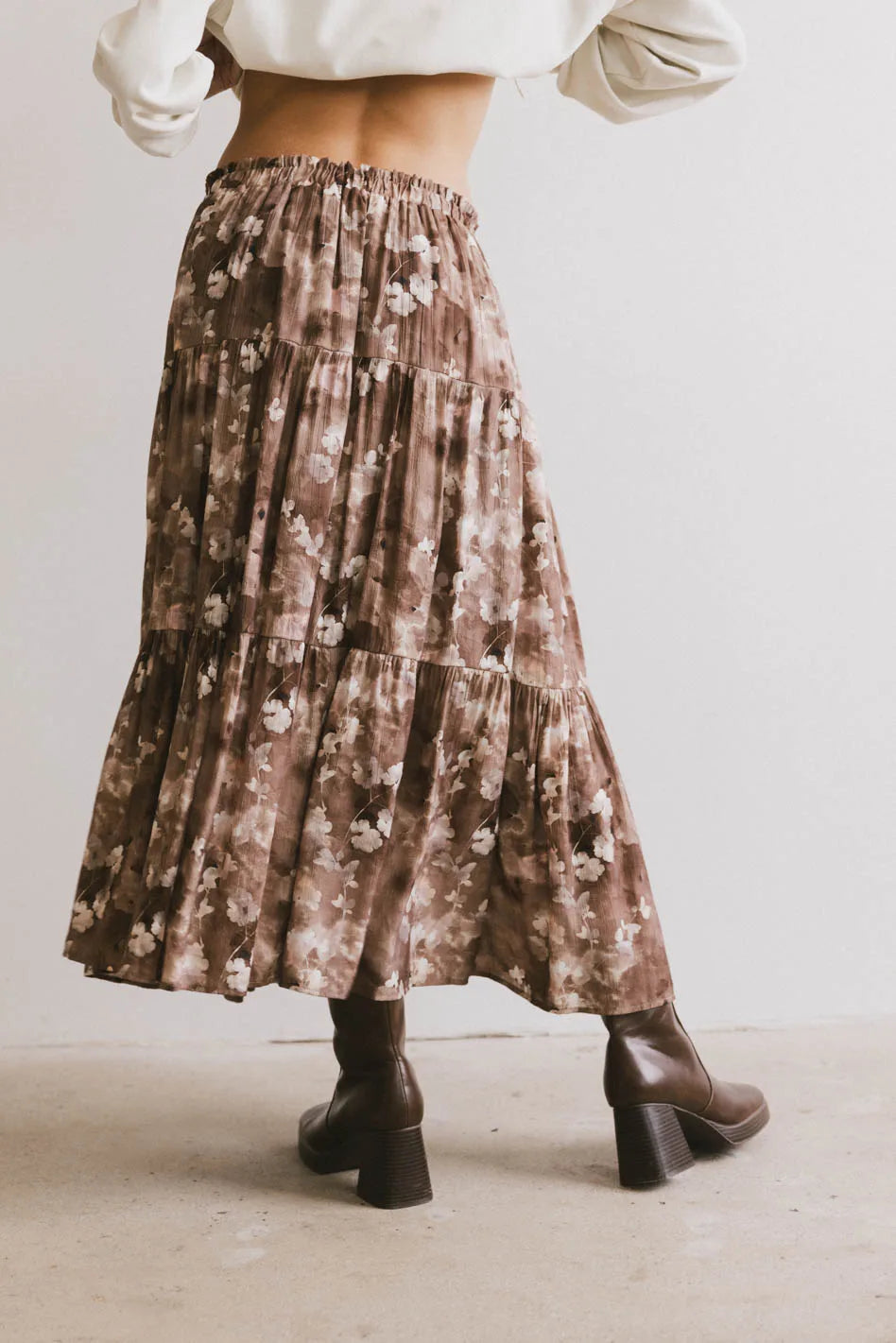 Maxine Floral Skirt for Women - Brown Midi Skirt with Elastic Waist | Perfect for Summer Outfits, Beach Vacations & Boho Fashion