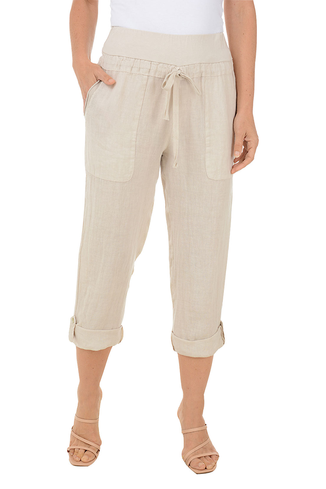 Linen Buttoned Roll Tab Capri Pants for Women - Comfortable Summer Casual Pants for Travel, Beach & Lounge Wear