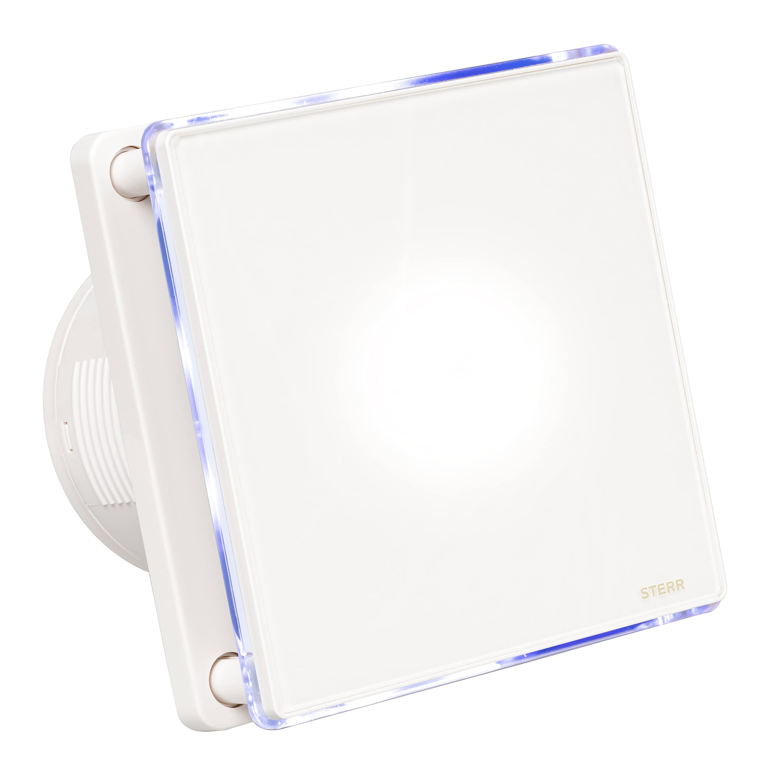 STERR White Bathroom Exhaust Fan 100mm with LED & Timer - Modern Glass Front Design - Quiet Bathroom Ventilation Fan - 10W Energy Efficient - Perfect for Bathrooms, Kitchens, and Small Spaces