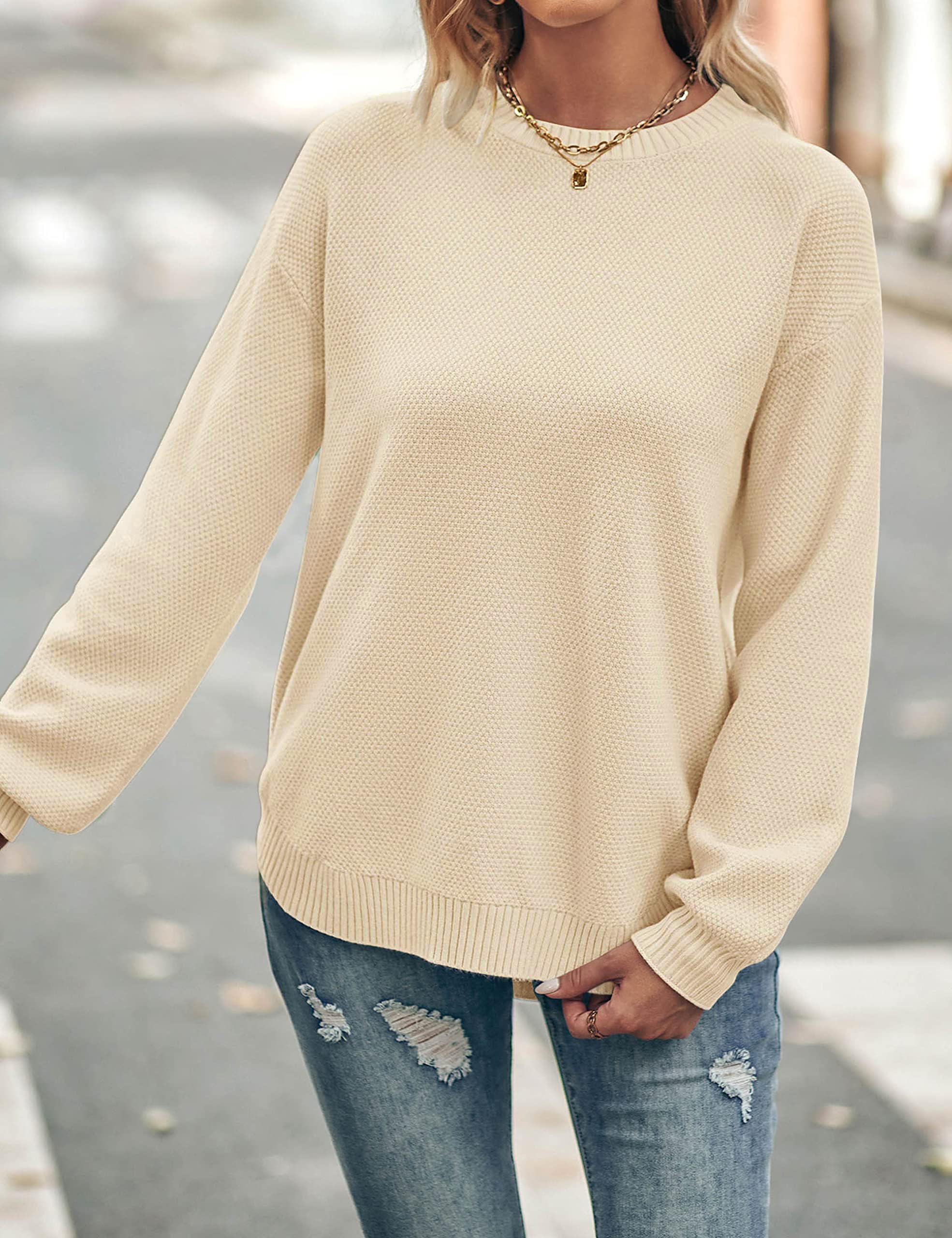 MEROKEETY Women's Fall 2025 Long Sleeve Crew Neck Sweater - Waffle Knit Pullover Top with Balloon Sleeves | Soft & Cozy Jumper for Autumn Outfits, Office Wear & Casual Dates