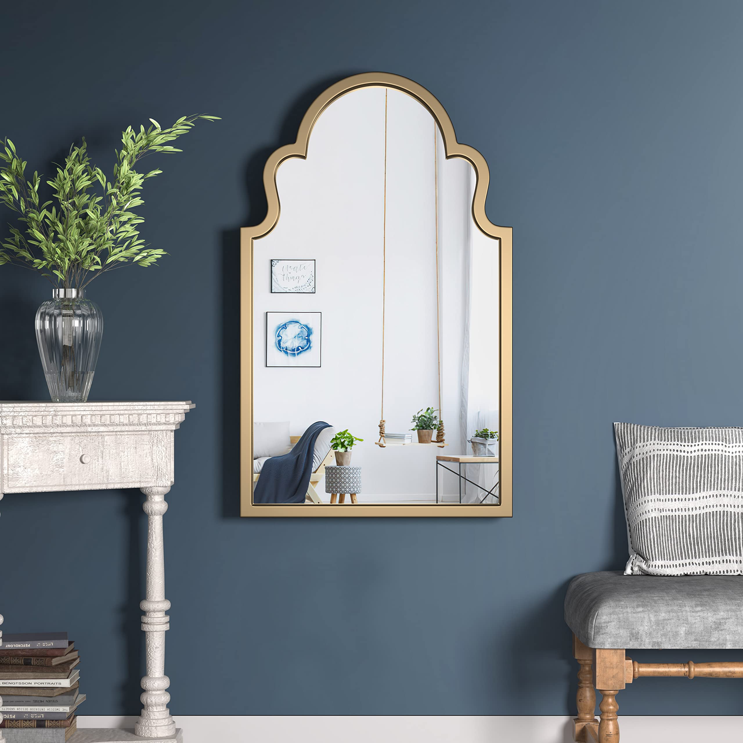 Gold Metal-Frame Wall Mirror 35.5×21.7 Inch - Decorative Vanity Mirror for Bathroom, Living Room & Bedroom | Elegant Home Decor & Space Enhancer | Perfect for Makeup, Selfies & Room Illusion