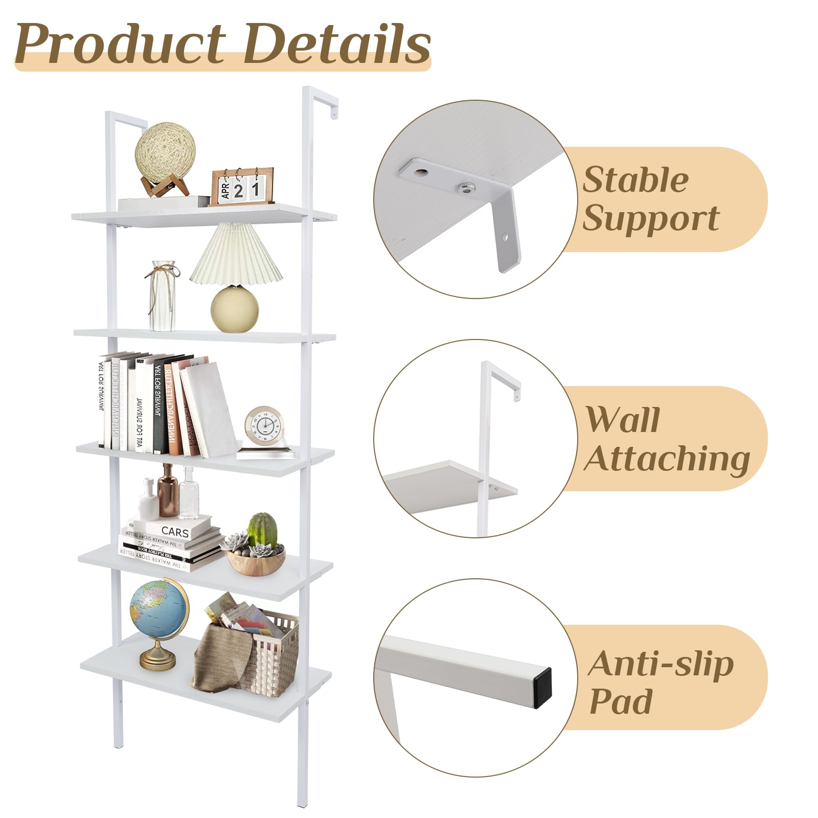 5-Tier Wall Mounted Ladder Shelf - White Metal Frame Bookcase with Open Design for Living Room, Bedroom, Office & Home Decor - 23.62