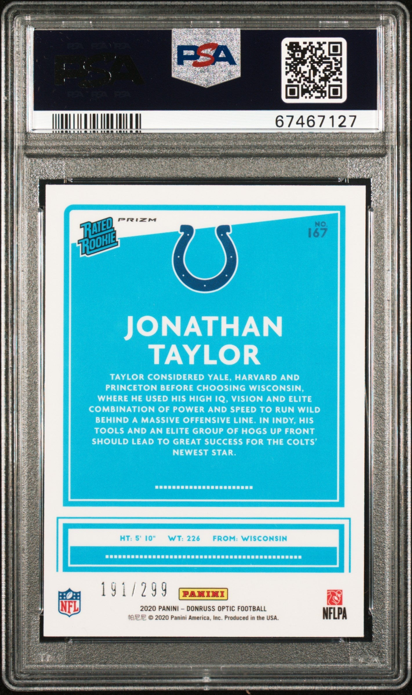 2020 Panini Donruss Optic Rated Rookie Jonathan Taylor Aqua PSA 10 /299 Football Trading Card - Perfect for Collectors, Investors & Sports Fans Display