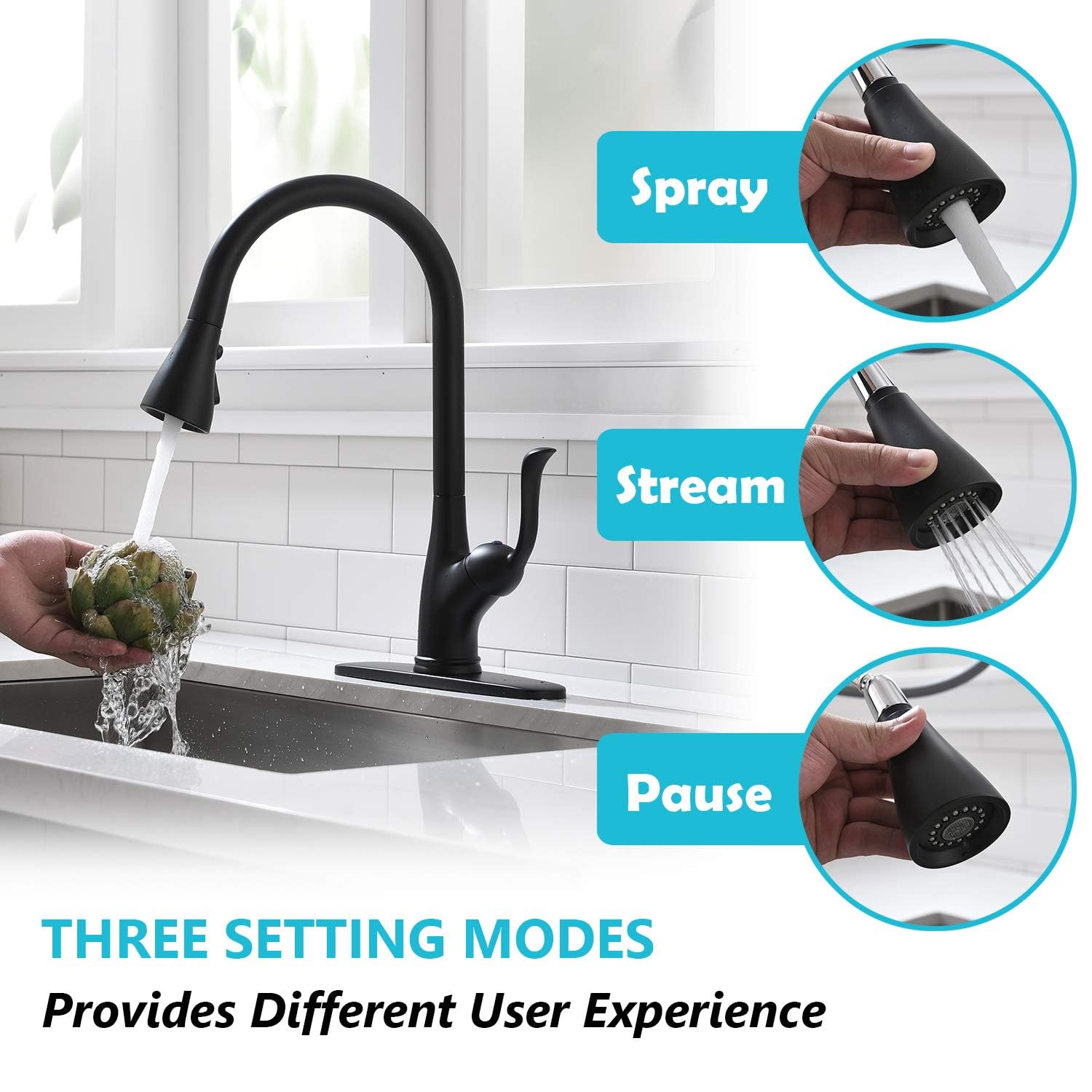 APPASO Matte Black Commercial Kitchen Faucet with Pull Down Sprayer & Soap Dispenser - High Arc Single Handle Pull Out Spray Head Sink Faucet with Deck Plate for Modern Kitchens, Restaurants & Food Service Areas