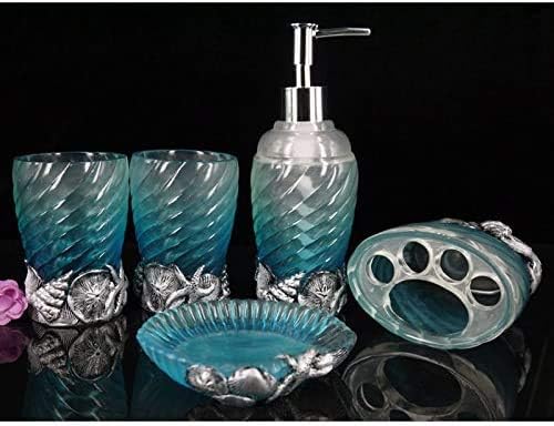Sea Star & Shell Bathroom Decor Set - Vanity Organizer with Makeup Brush Holder, Tumblers, Toothbrush Holder, Soap Dish & Dispenser | Coastal Themed Bath Accessories | Perfect for Beach House, Spa Bathroom or Gift