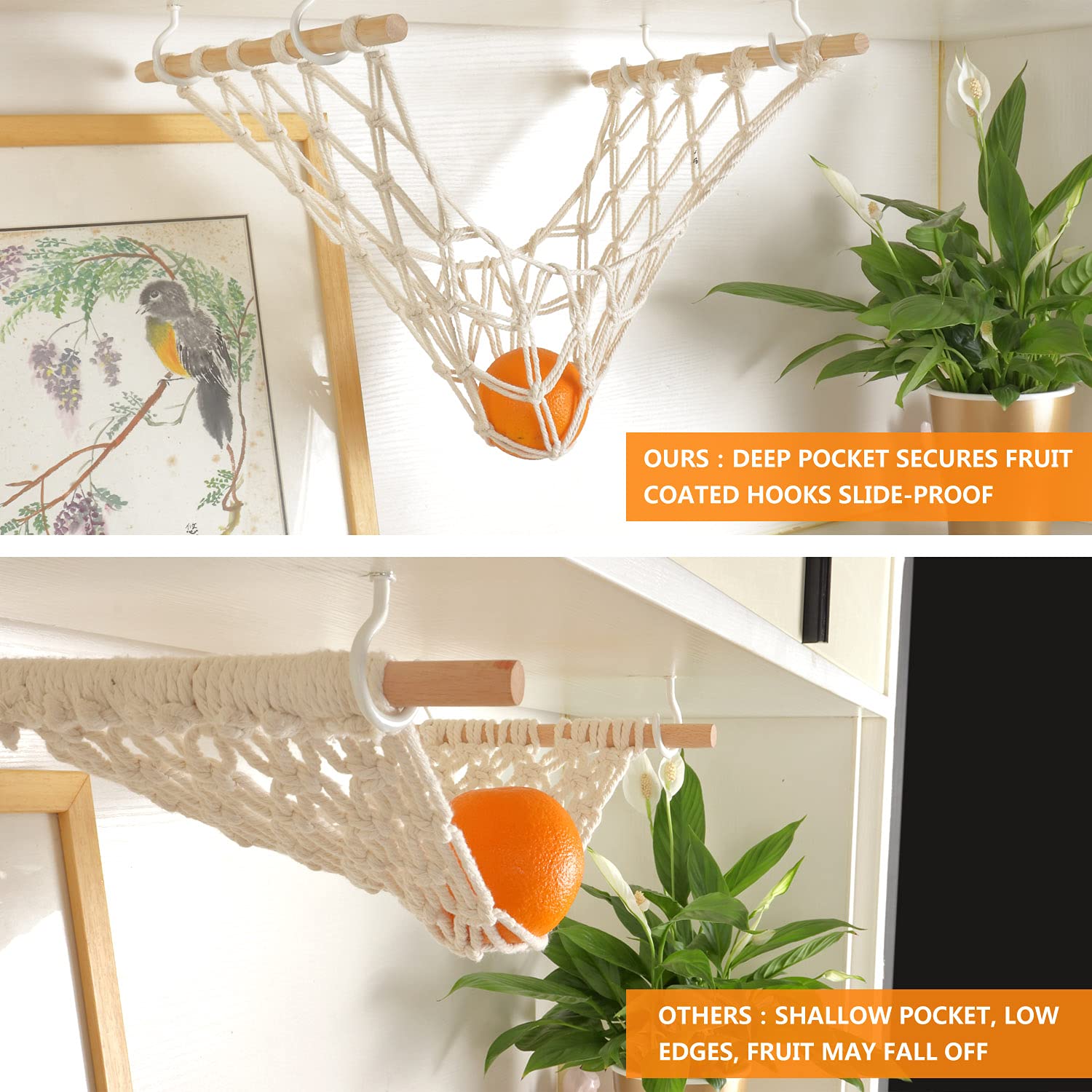 Macrame Fruit Basket for Kitchen - Under Cabinet Hanging Fruit Hammock with Hooks for Bananas, Apples & Produce Storage | Space-Saving Kitchen Décor for Pantry & Countertop Organization