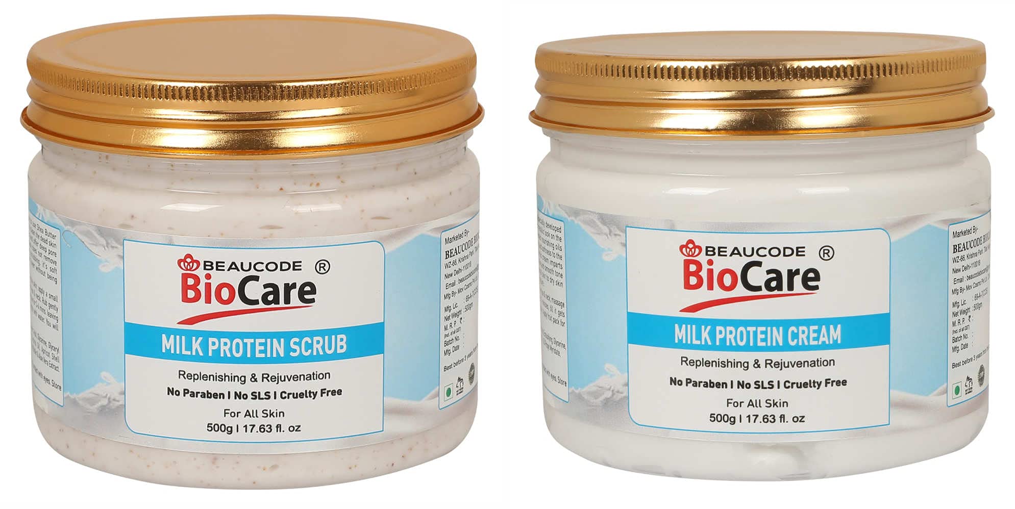 BEAUCODE BioCare Milk Protein Face & Body Cream & Scrub Duo - 500g (2-Pack) | Hydrating & Exfoliating Skincare Set for Dry Skin | Perfect for Daily Moisturizing & Weekly Exfoliation Routine