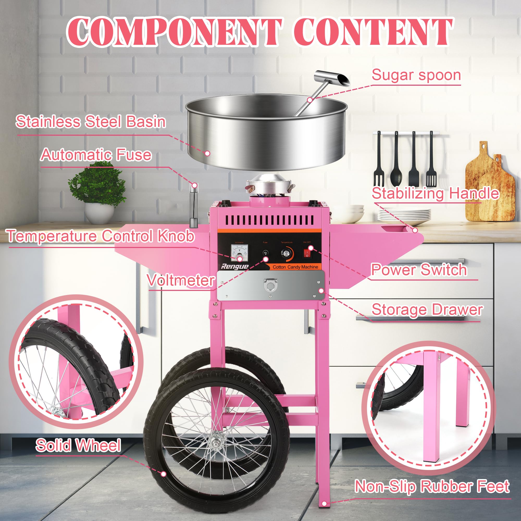 Commercial Cotton Candy Machine 1000W - Electric Candy Floss Maker with Stainless Steel Bowl, Sugar Scoop & Storage Drawer - Perfect for Birthday Parties, Carnival Events, Family Gatherings & Kids' Festivals
