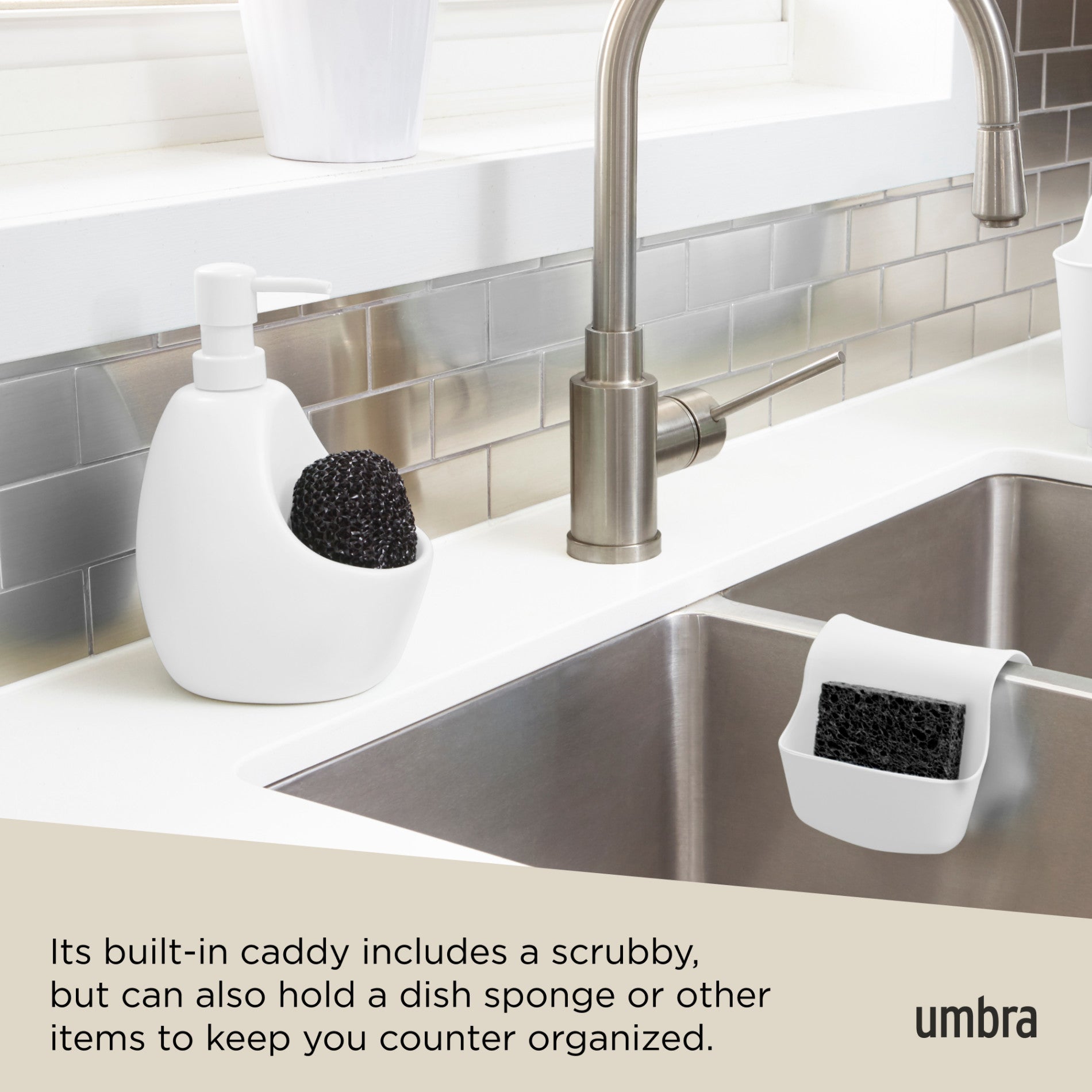 Joey Soap Pump & Scrubby - Hands-Free Foaming Soap Dispenser with Built-in Scrub Brush for Kitchen, Bathroom, and Sink Cleaning (BPA-Free) - Perfect for Dishes, Countertops, and Household Chores