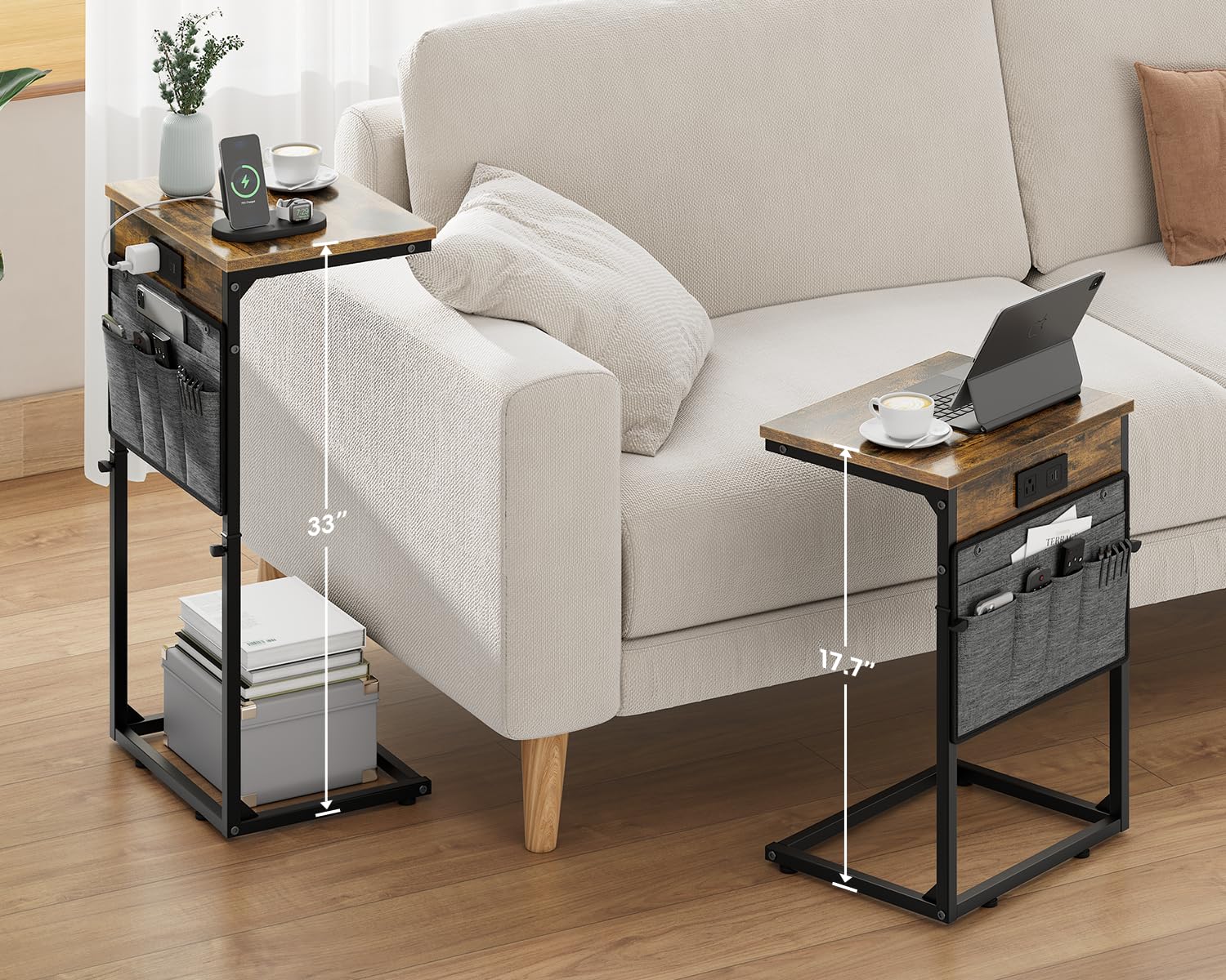 Vagusicc Adjustable Height C-Shaped End Table with USB Charging Station - 33