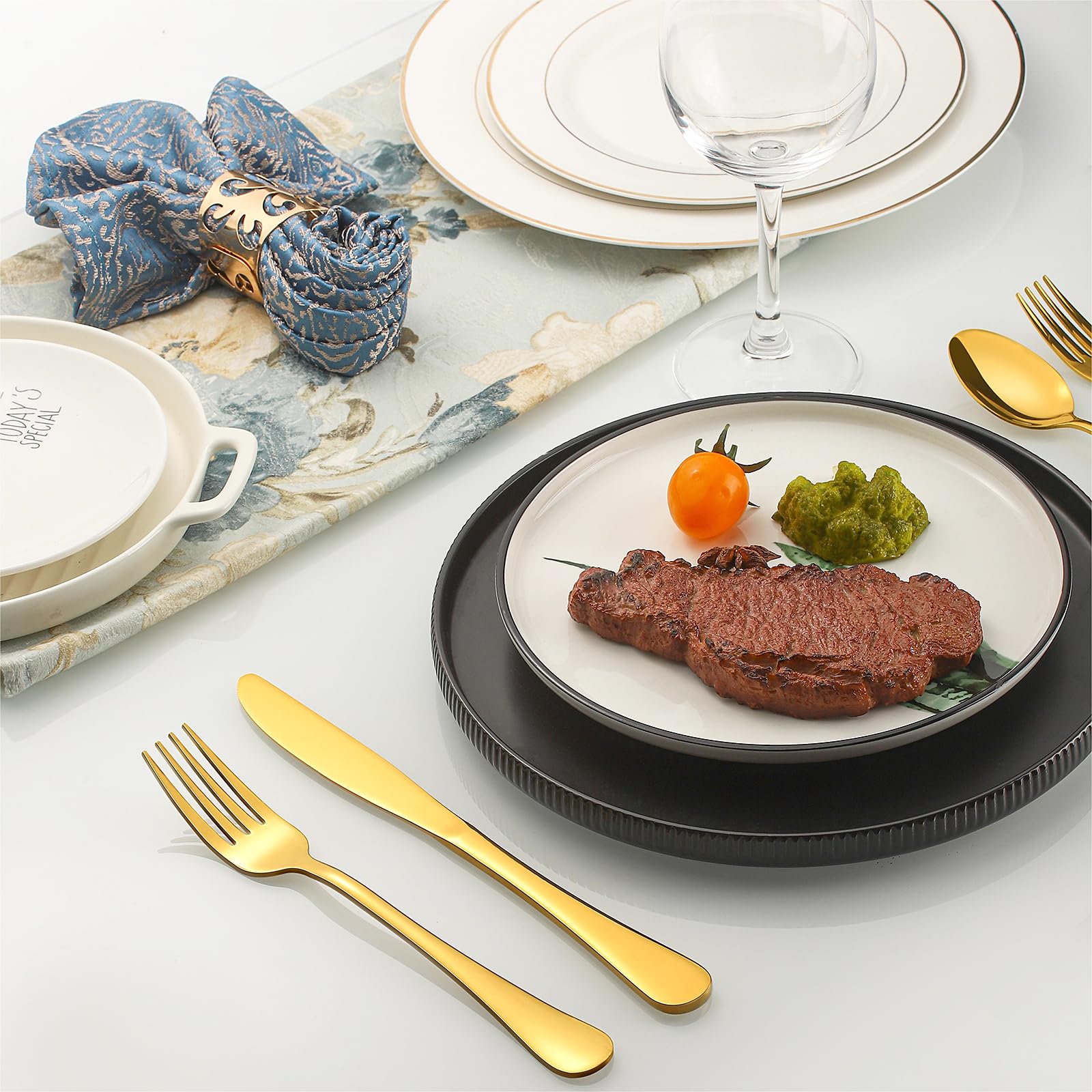 Premium 40-Piece Stainless Steel Gold Silverware Set for 8 - Titanium Plated Cutlery with Mirror Polish (Spoons, Forks, Knives) - Dishwasher Safe - Elegant Dinnerware for Weddings, Parties & Fine Dining
