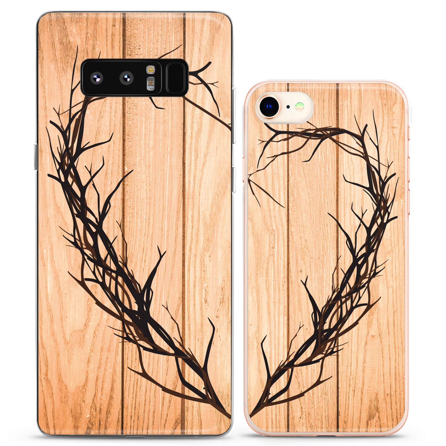 Matching Couple Phone Cases Compatible with iPhone 16/15/14/13/12/11 Pro Max/Mini/XS/X/8 Plus/7+/XR/10/SE/5 - Wood Texture Heart Tree Branch Design Cute Silicone Cover for Anniversary Gifts, Couples & Friends - Perfect for Valentine's Day, Wedding Gifts & Relationship Milestones
