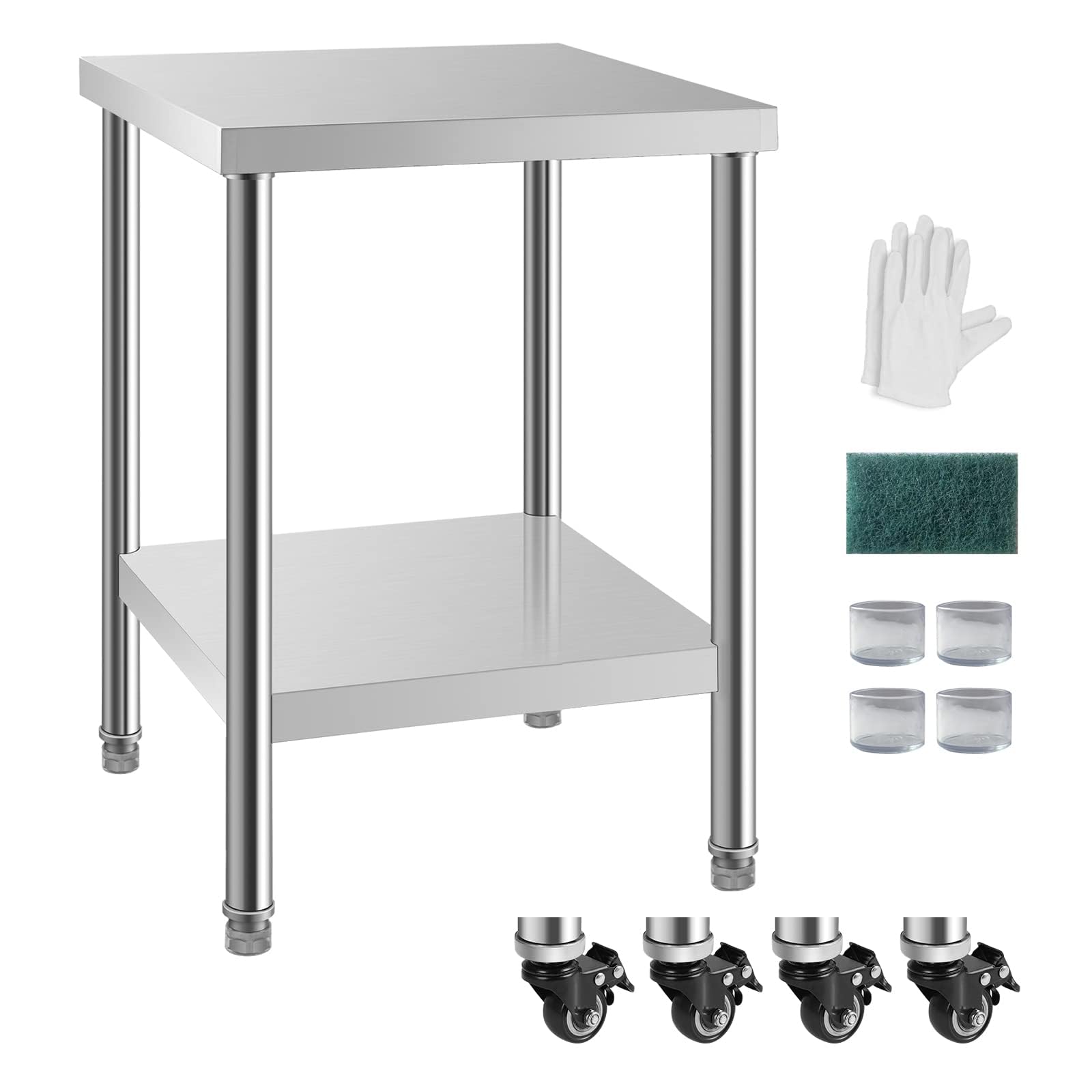 24x24 Inches NSF Certified Stainless Steel Prep Table with Casters - Adjustable Feet & Undershelf for Commercial Kitchen, Restaurant, Hotel, Home Use - Perfect for Food Prep, Baking, Coffee Station & Catering Services