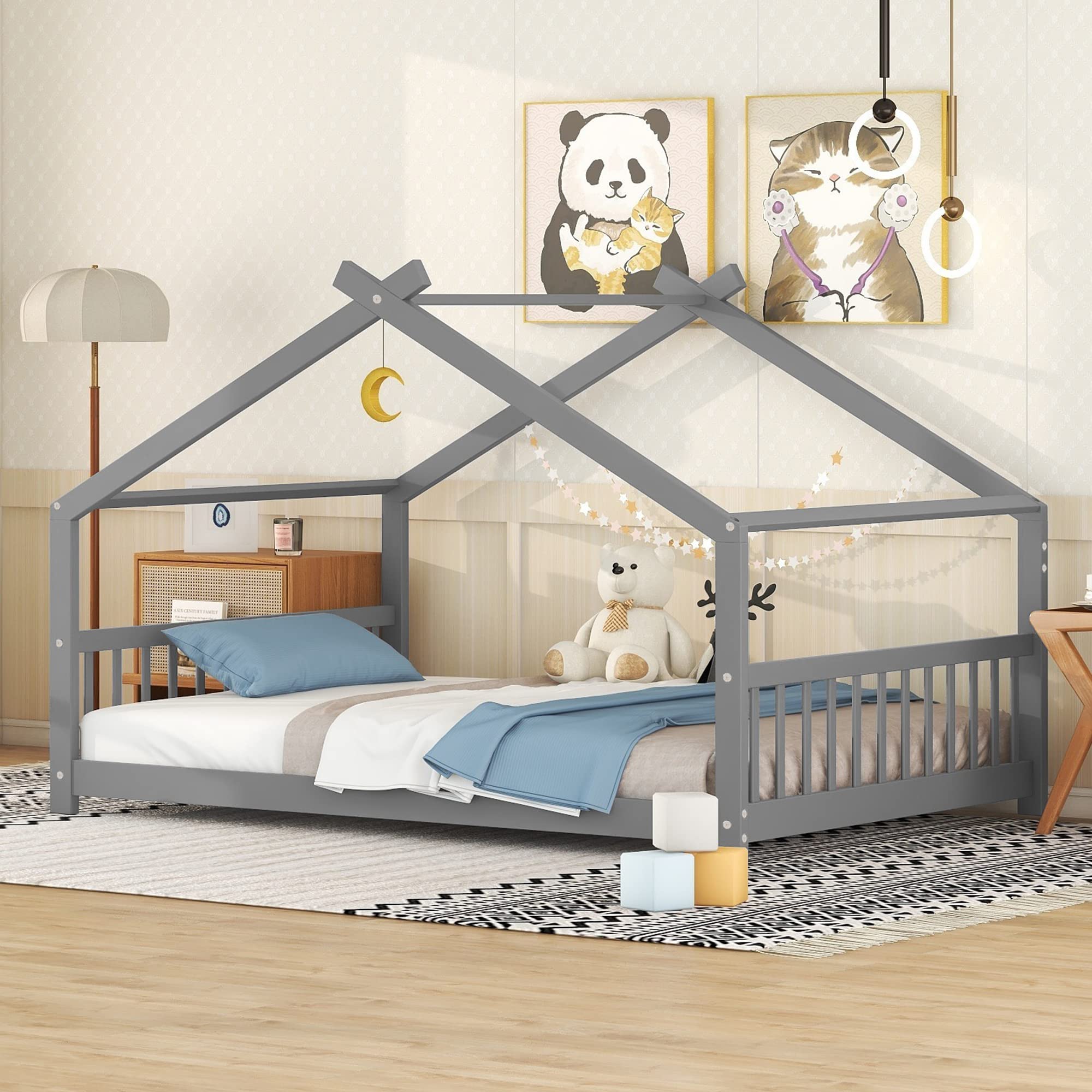 Montessori Kids Bed Frame - Full Size Wood Platform Bed with Headboard & Footboard for Boys, Girls & Teens | Gray House Bed for Children's Room, Playroom & Dormitory