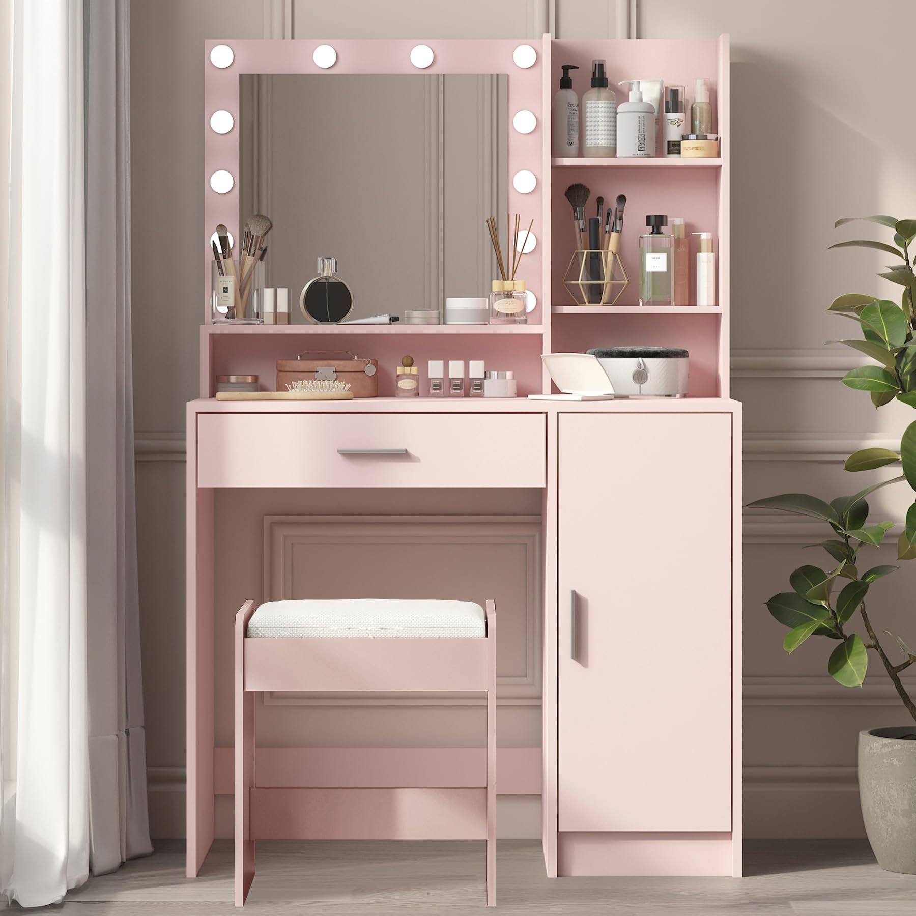 Vanity Desk with Mirror & LED Lights - Large Drawer & 3-Tier Storage Dresser - 3 Adjustable Lighting Modes - Pink Makeup Dressing Table with Stool - Perfect for Bedroom, Dorm Room & Beauty Salon