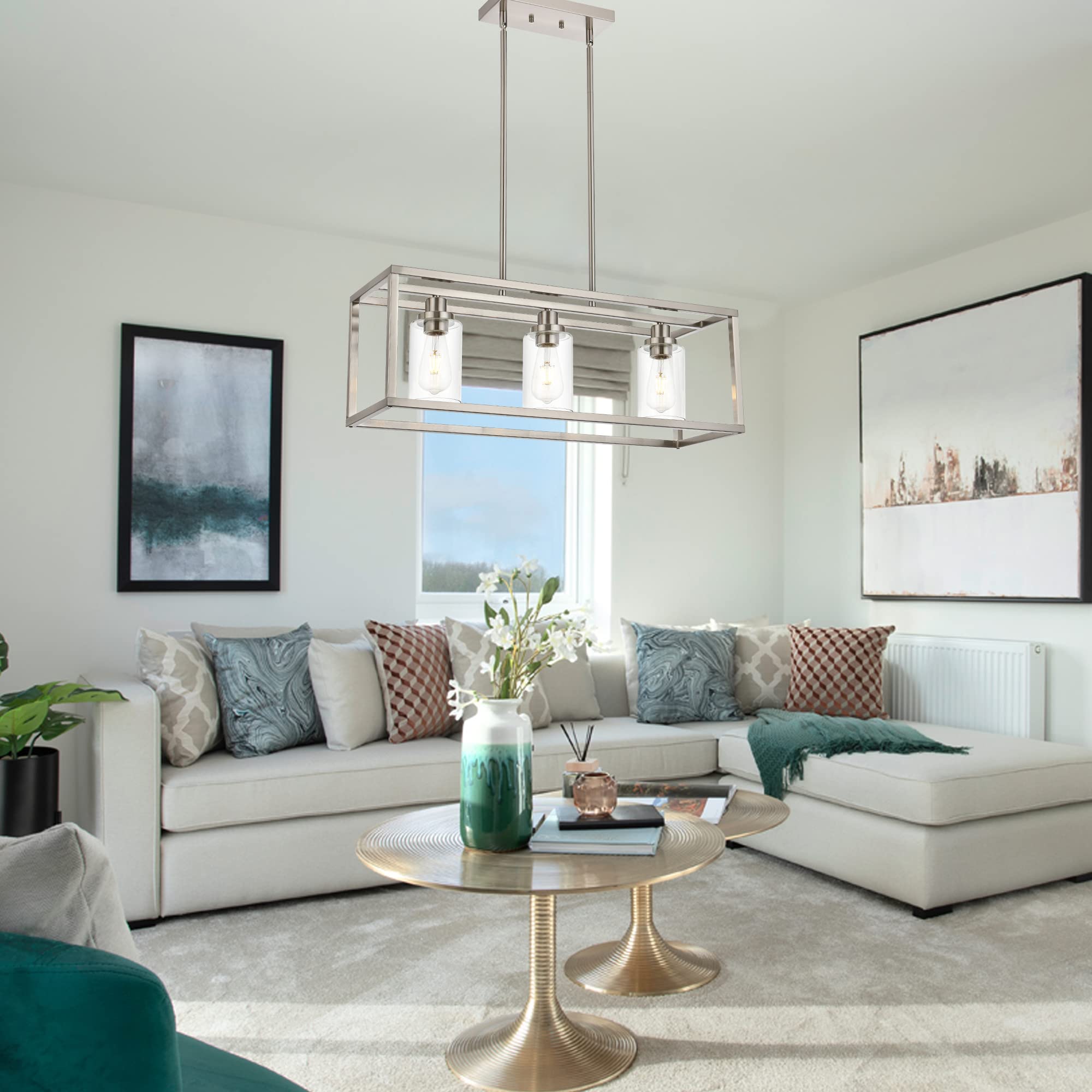 Modern 3-Light Rectangle Chandelier - Brushed Nickel Finish with Clear Glass Shade for Dining Room, Kitchen Island, Hallway & Living Room | Elegant Ceiling Lighting Fixture for Home Decor & Entertaining